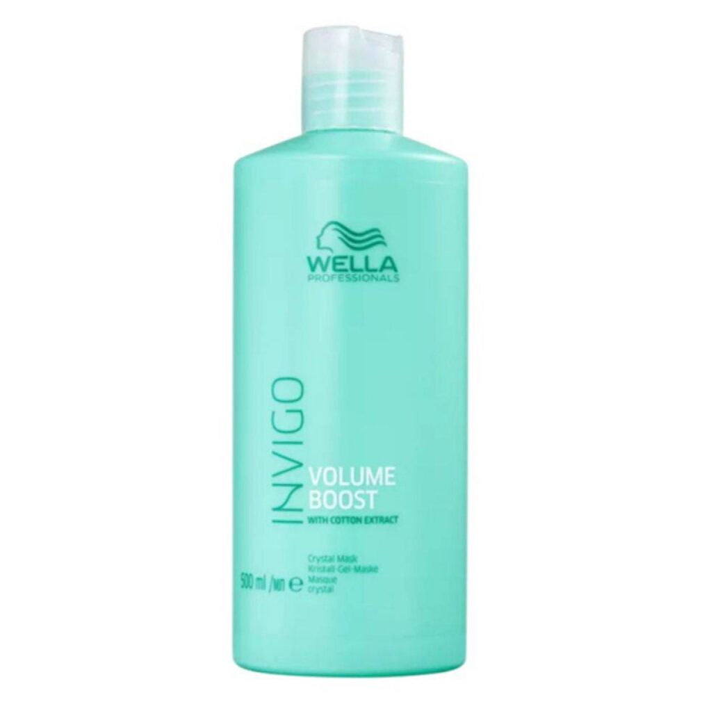 Flacone turchese con logo Wella Invigo e testo. Nome prodotto: Volume Boost Crystal Mask. Con estratto di cotone. 500 ml.