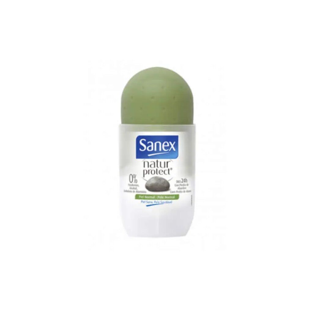 Deodorante roll-on Sanex Natur Protect. Contenitore bianco, tappo verde. Scritta: Sanex natur protect, 0% alluminio.