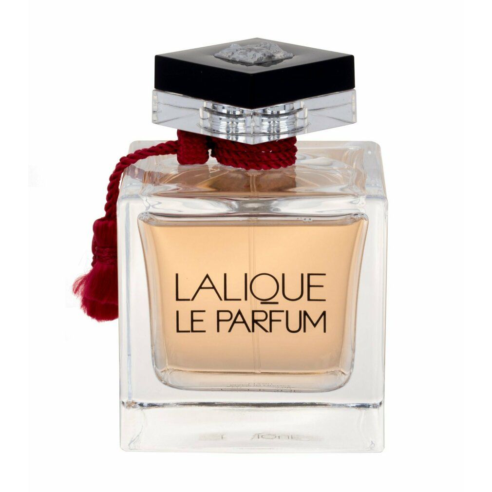 Flacone quadrato in vetro con liquido dorato. Tappo nero, filo e nappa rossi. Scritta: LALIQUE LE PARFUM.