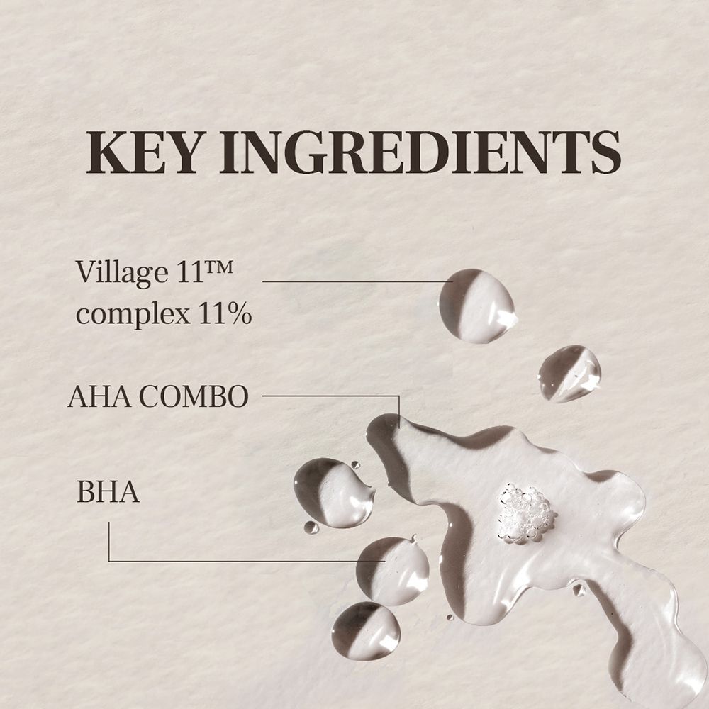 Testo con ingredienti: Village 11™ complex 11%, AHA COMBO, BHA. Gocce d'acqua.
