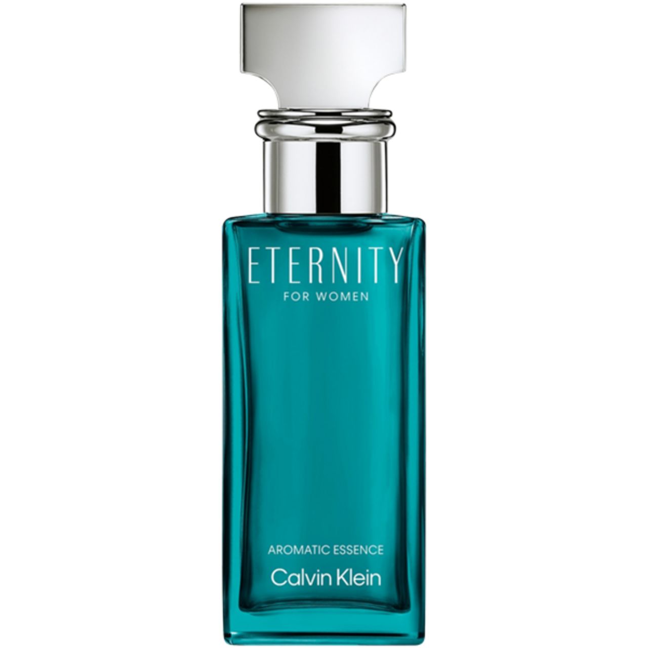 Flacone turchese con tappo argentato. Scritta: Eternity for Women, Aromatic Essence, Calvin Klein.
