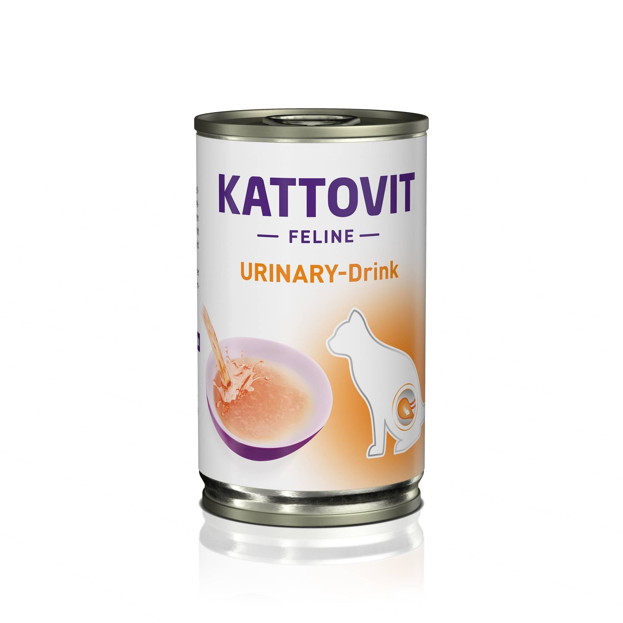 Lattina metallica KATTOVIT Urinary-Drink. Immagine di gatto e liquido. Lattina con coperchio, etichetta bianca, testo arancione.