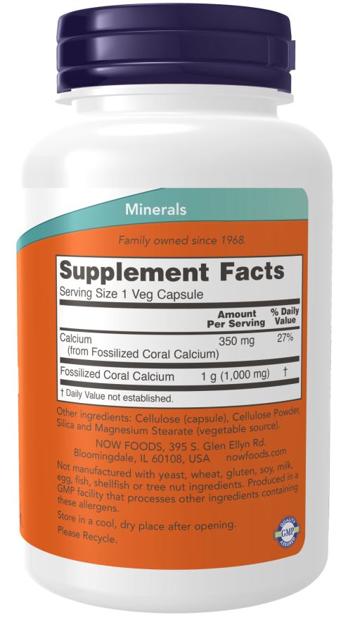 Retro del flacone. Scritta: Supplement Facts. Contiene informazioni su calcio e calcio corallino fossilizzato. Marchio: NOW.