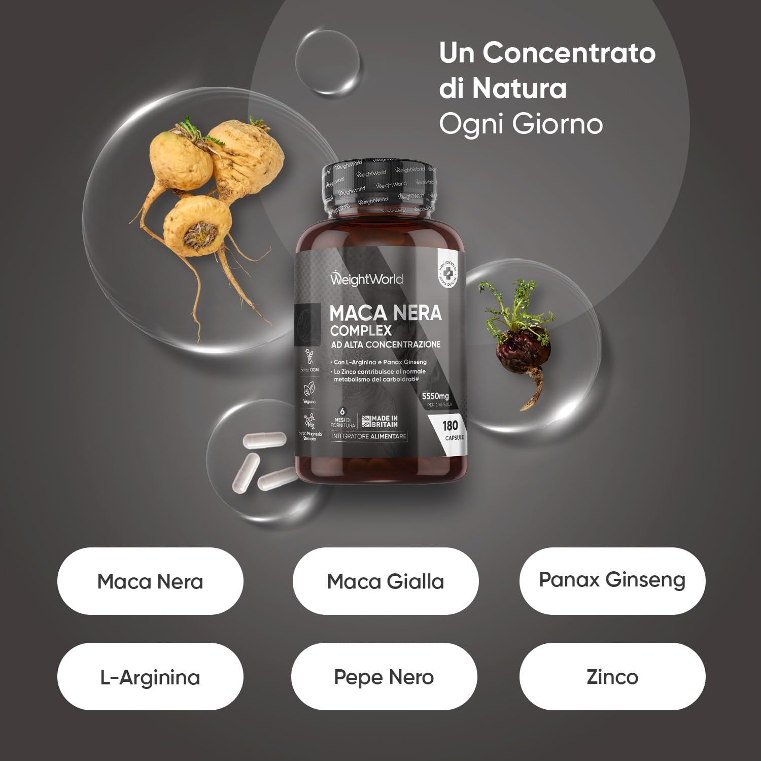 Flacone, radici di maca, capsule. Scritta: WeightWorld Maca Nera Complex, 180 capsule. Contiene Maca Nera, Gialla, Panax Ginseng, L-Arginina.