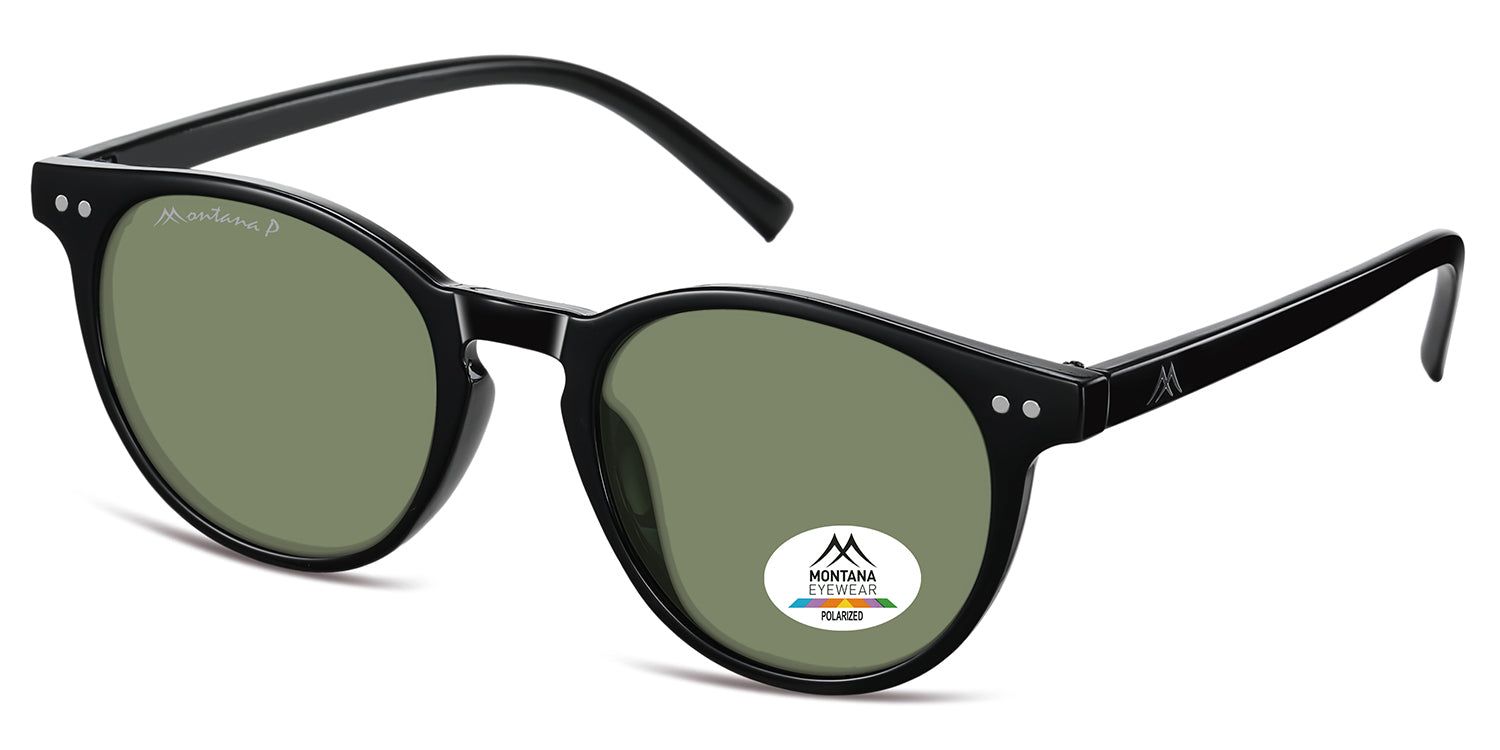 Occhiali da sole con montatura nera e lenti verdi. Logo Montana Eyewear sulla lente. Lenti polarizzate.