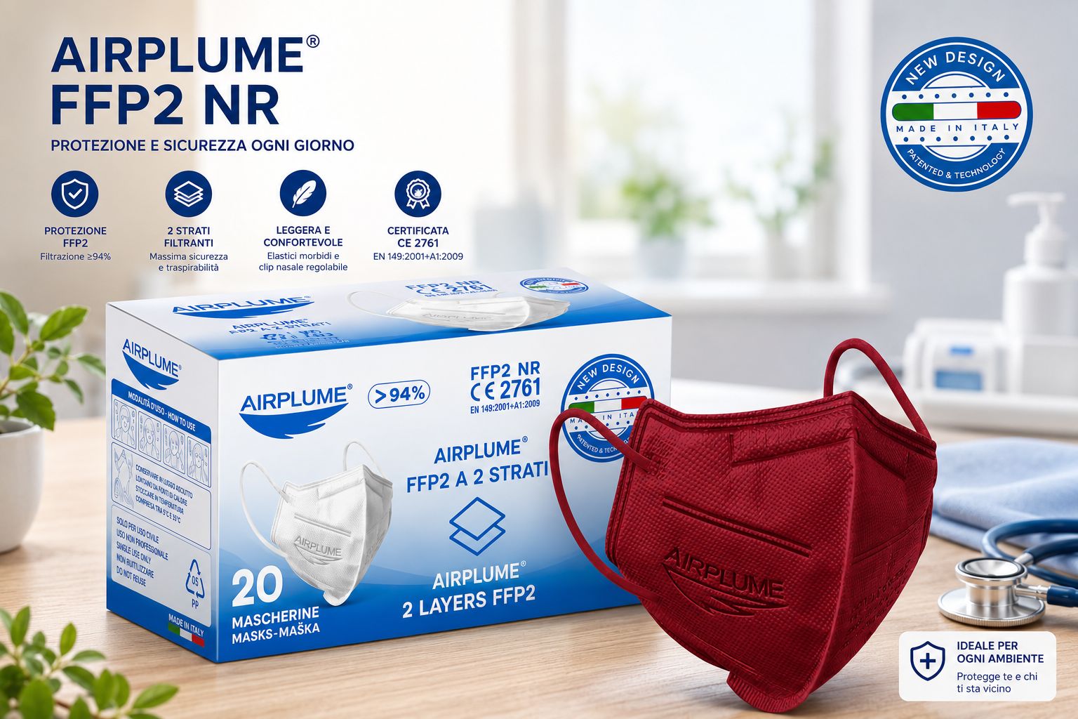 BRAND ITALIA - AIRPLUME FFP2 NR Mascherine colore Bordeaux