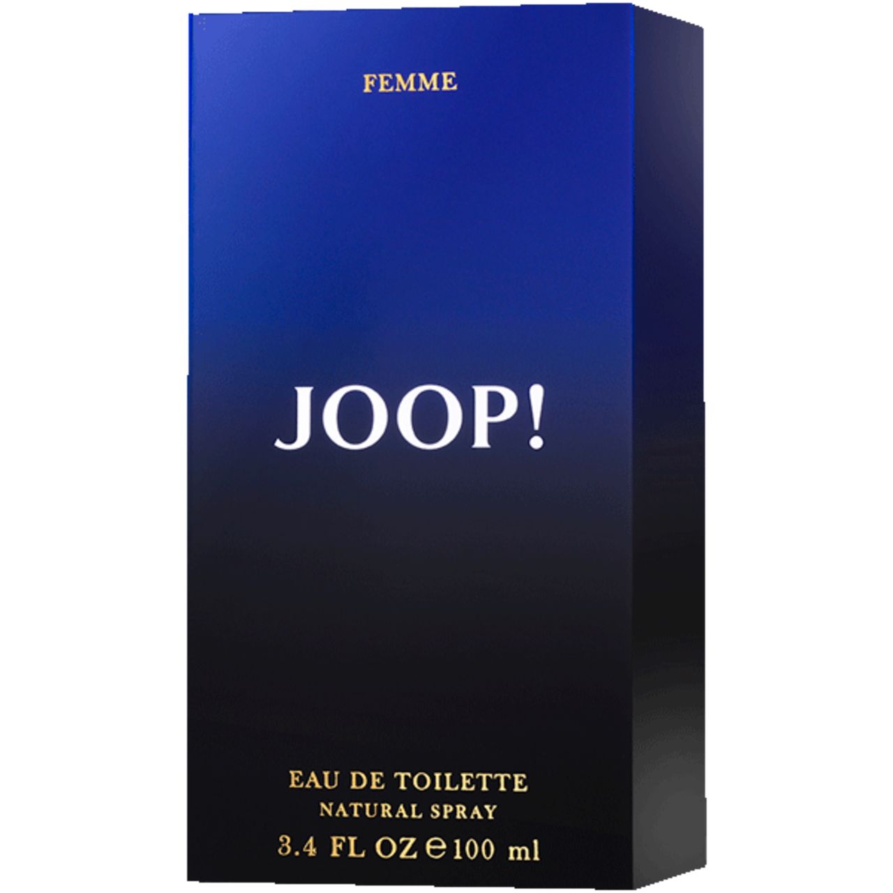 Confezione Joop! Eau de Toilette. Scatola rettangolare blu-nera con scritta JOOP! e informazioni sul prodotto.