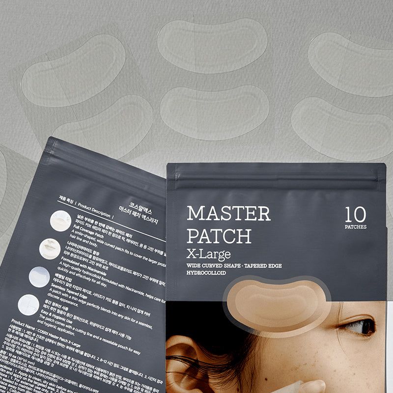Due confezioni MASTER PATCH X-Large. Diversi cerotti ovali trasparenti su una superficie.