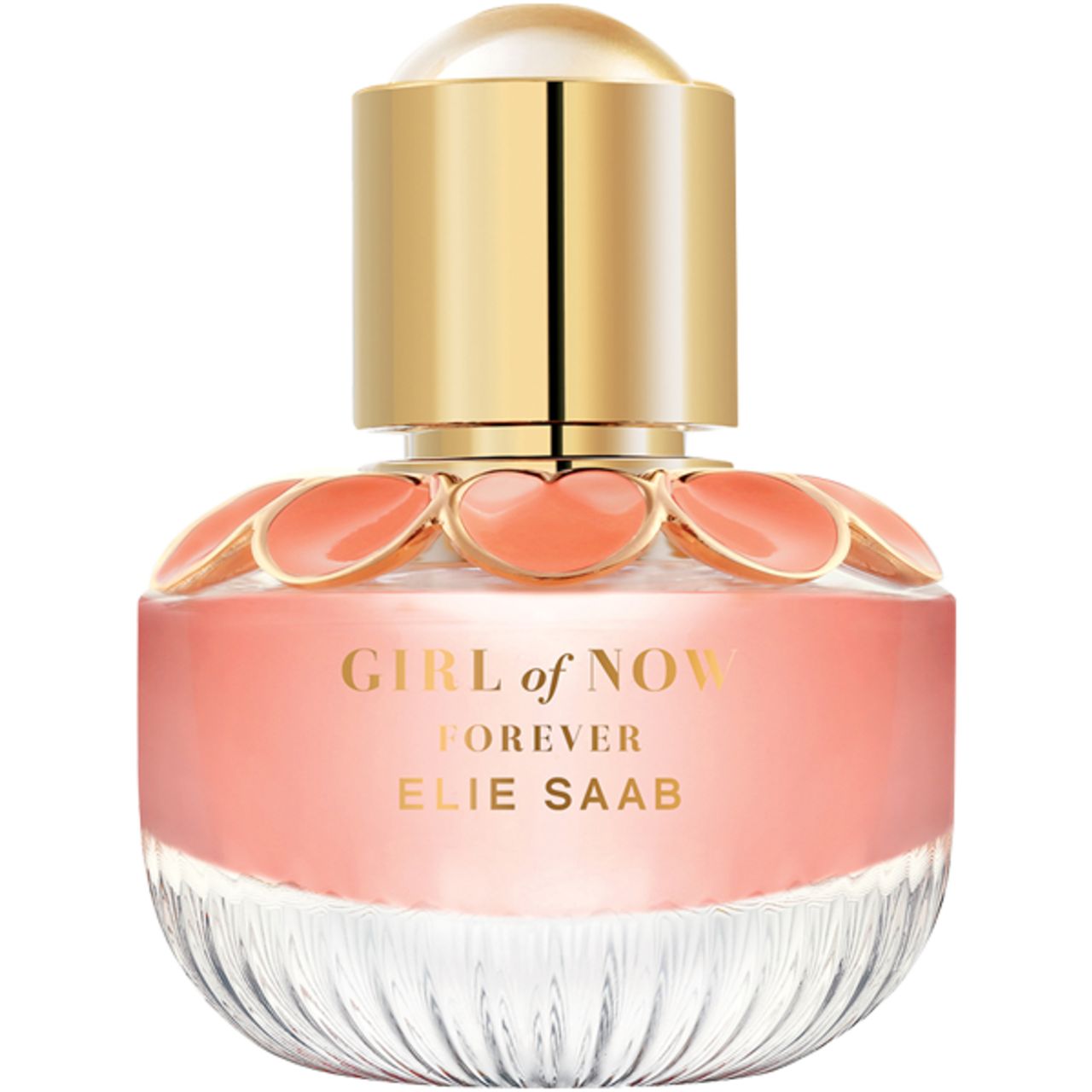 Flacone di profumo con tappo dorato e liquido rosa. Scritta: GIRL of NOW FOREVER ELIE SAAB. Ornamenti a forma di fiori.