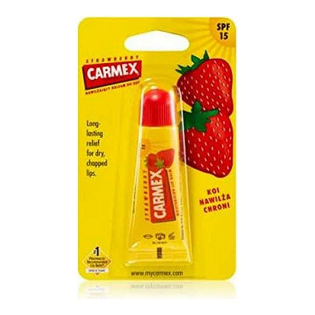 Tubo di balsamo per labbra Carmex giallo con tappo rosa su confezione gialla con fragole. Testo: Carmex, Strawberry, SPF 15.