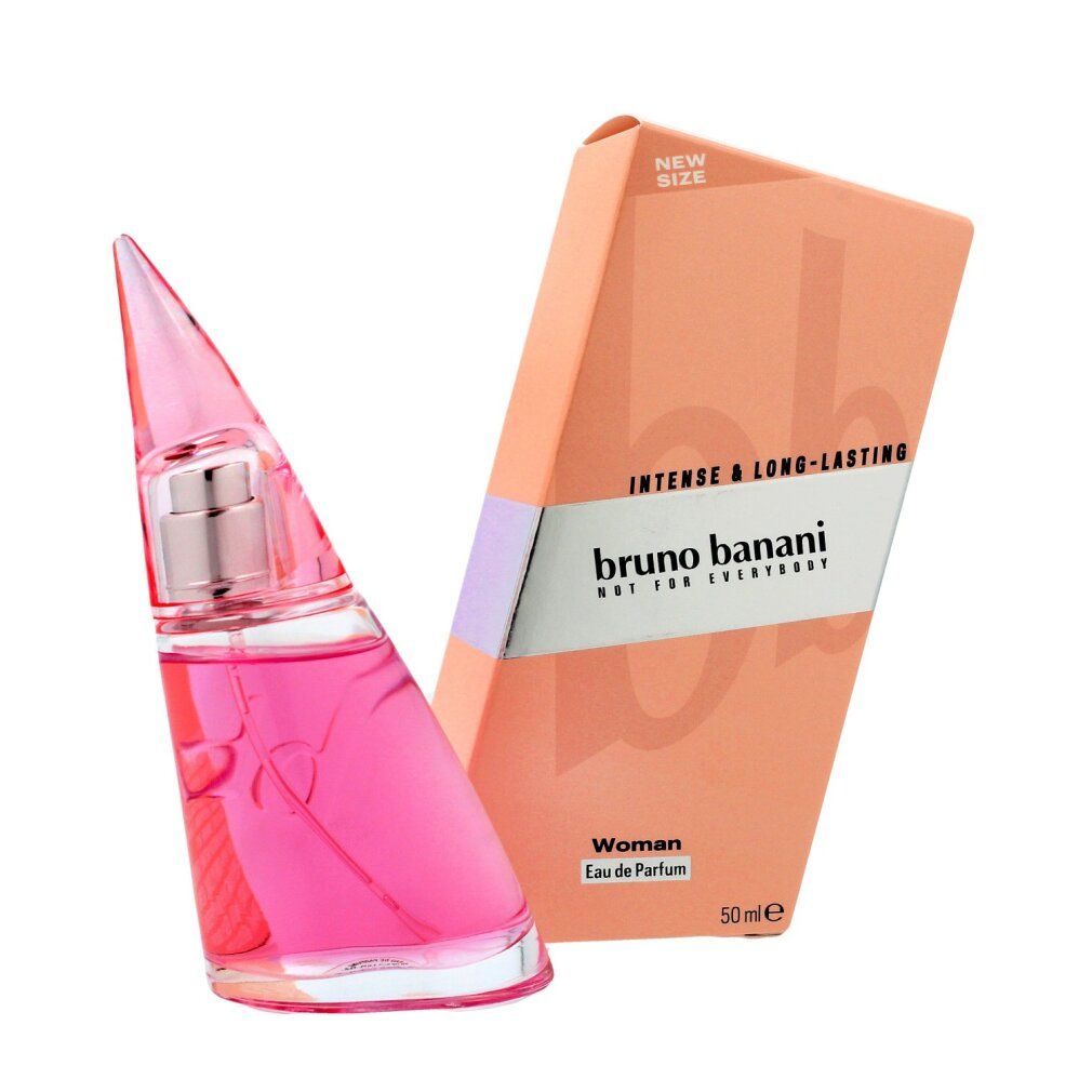 Flacone di profumo e confezione. Liquido rosa, tappo a punta. Confezione con scritta 'bruno banani'.