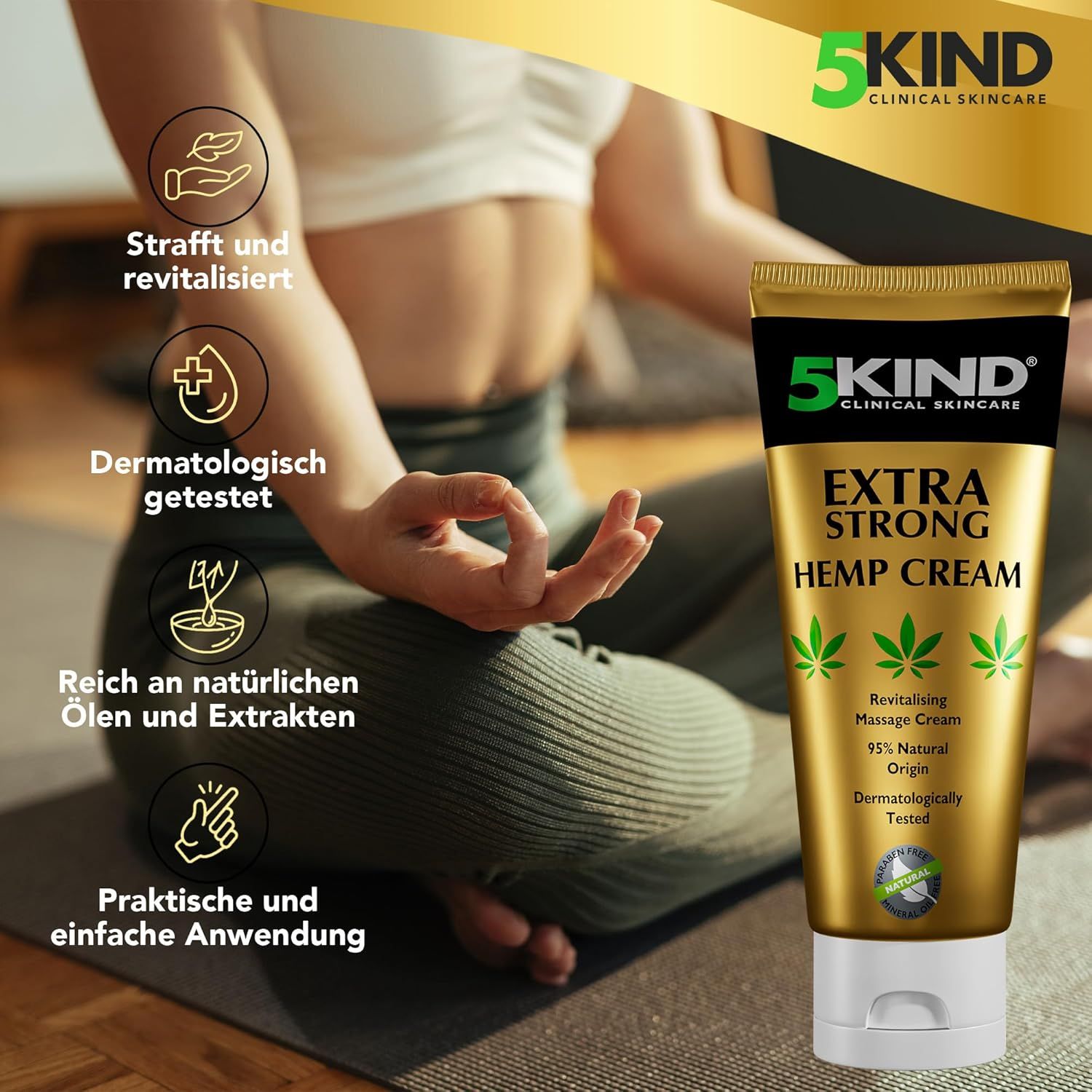 Tubo dorato con scritta: 5kind, Extra Strong Hemp Cream. Testo: Dermatologicamente testato, 95% origine naturale. Donna che medita.