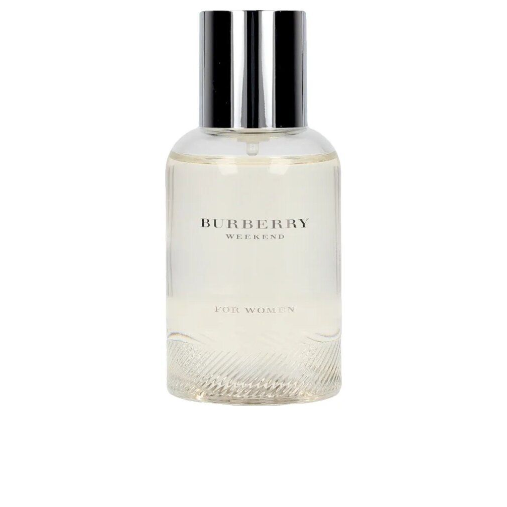 Spray Burberry Weekend Eau de Parfum. Flacone trasparente con tappo argentato. Scritta: Burberry Weekend For Women.