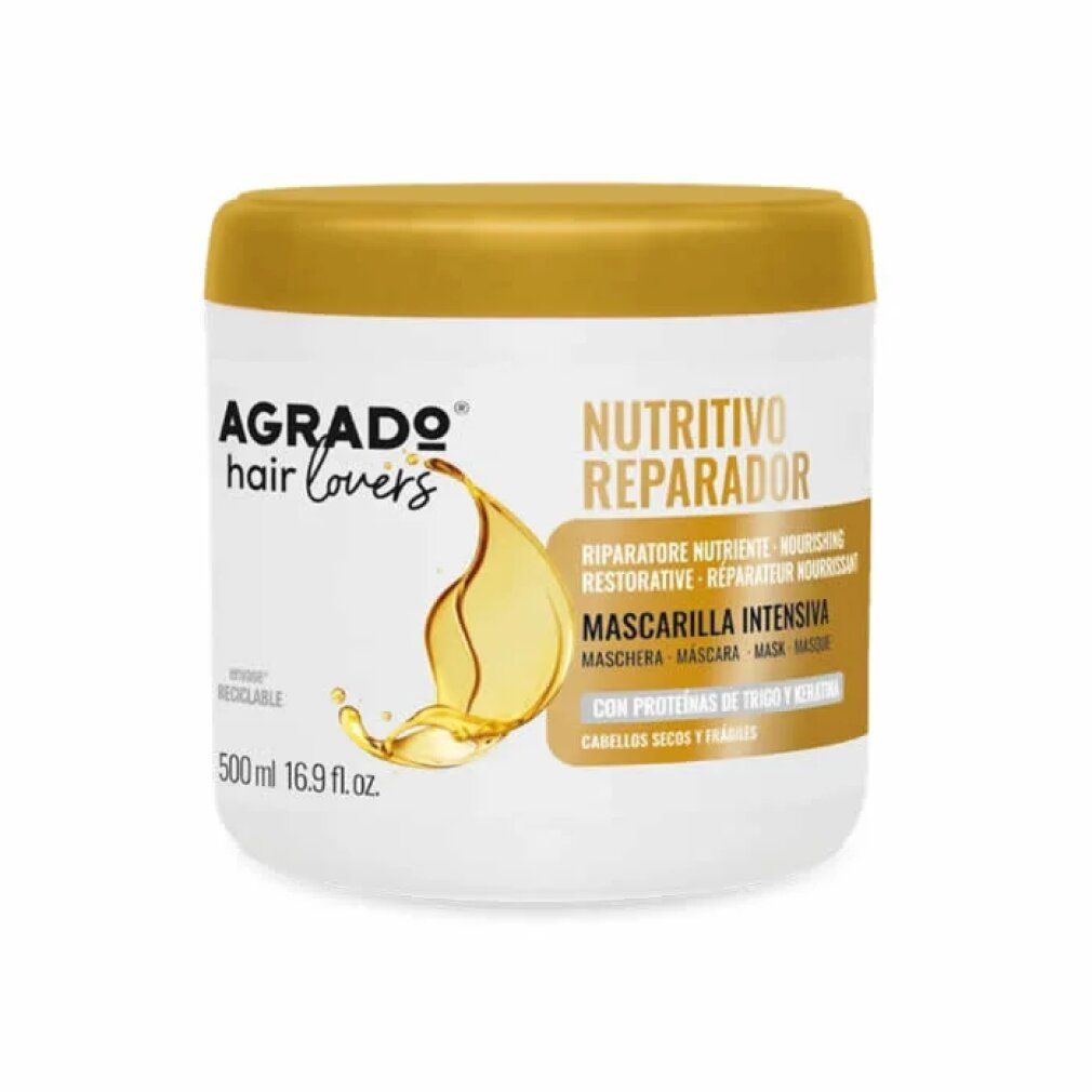 Maschera capelli Agrado, 500ml, contenitore bianco con tappo dorato, scritta "Nutritivo Reparador".