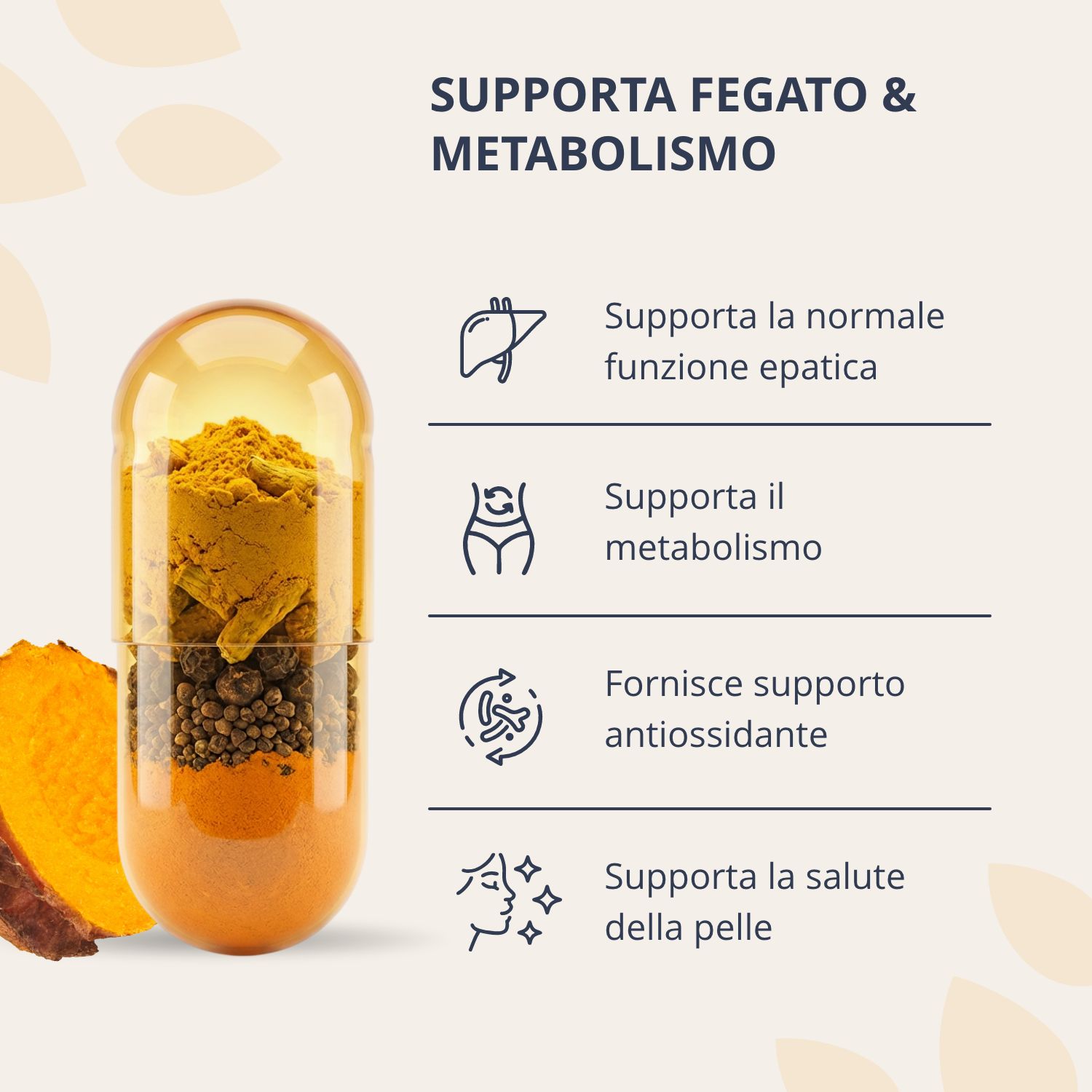 Vista dettagliata di una capsula Curcuma Cleanse, che mostra polvere di curcuma e grani di pepe.
