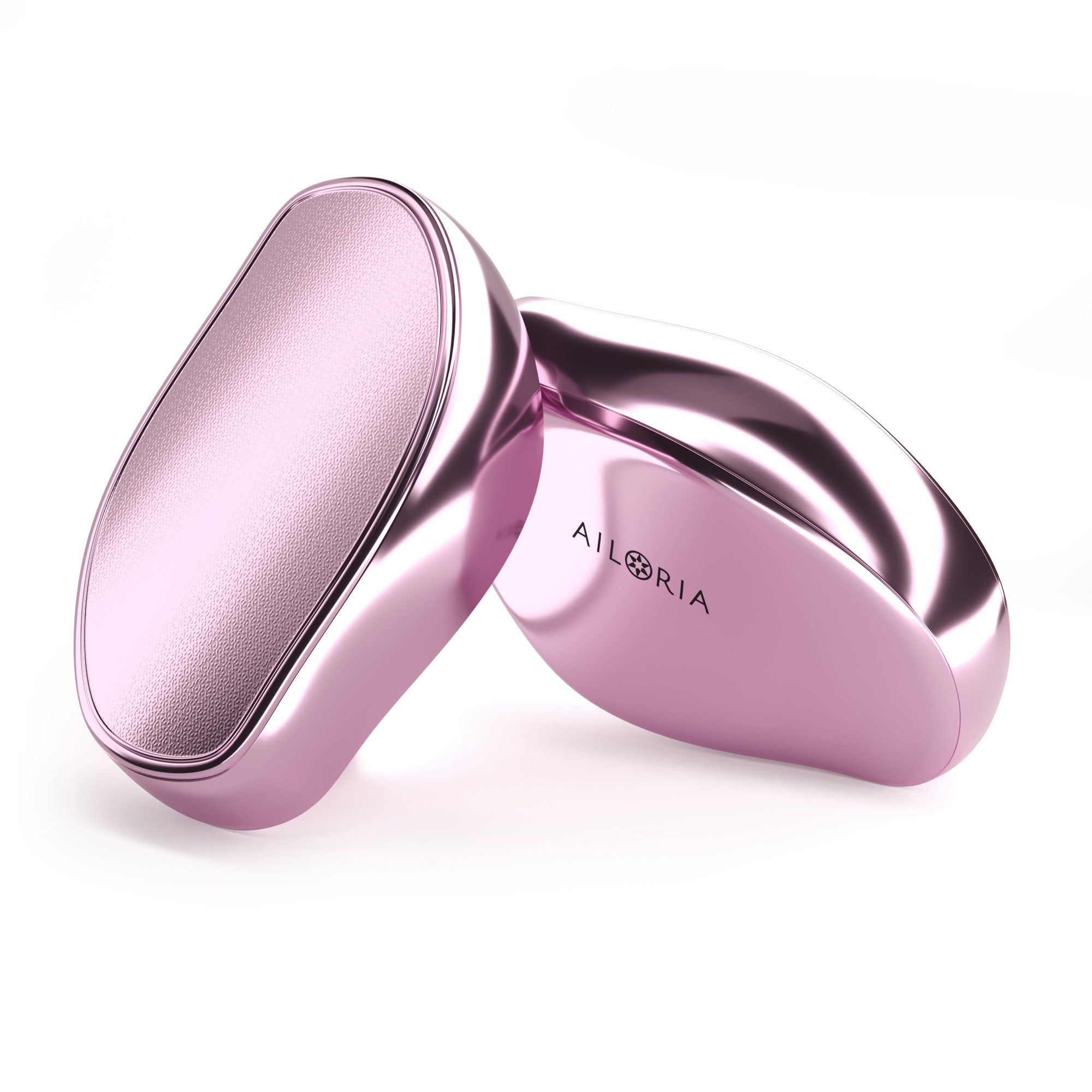 Due esfolianti per piedi rosa. Scritta e logo AILORIA su un dispositivo.
