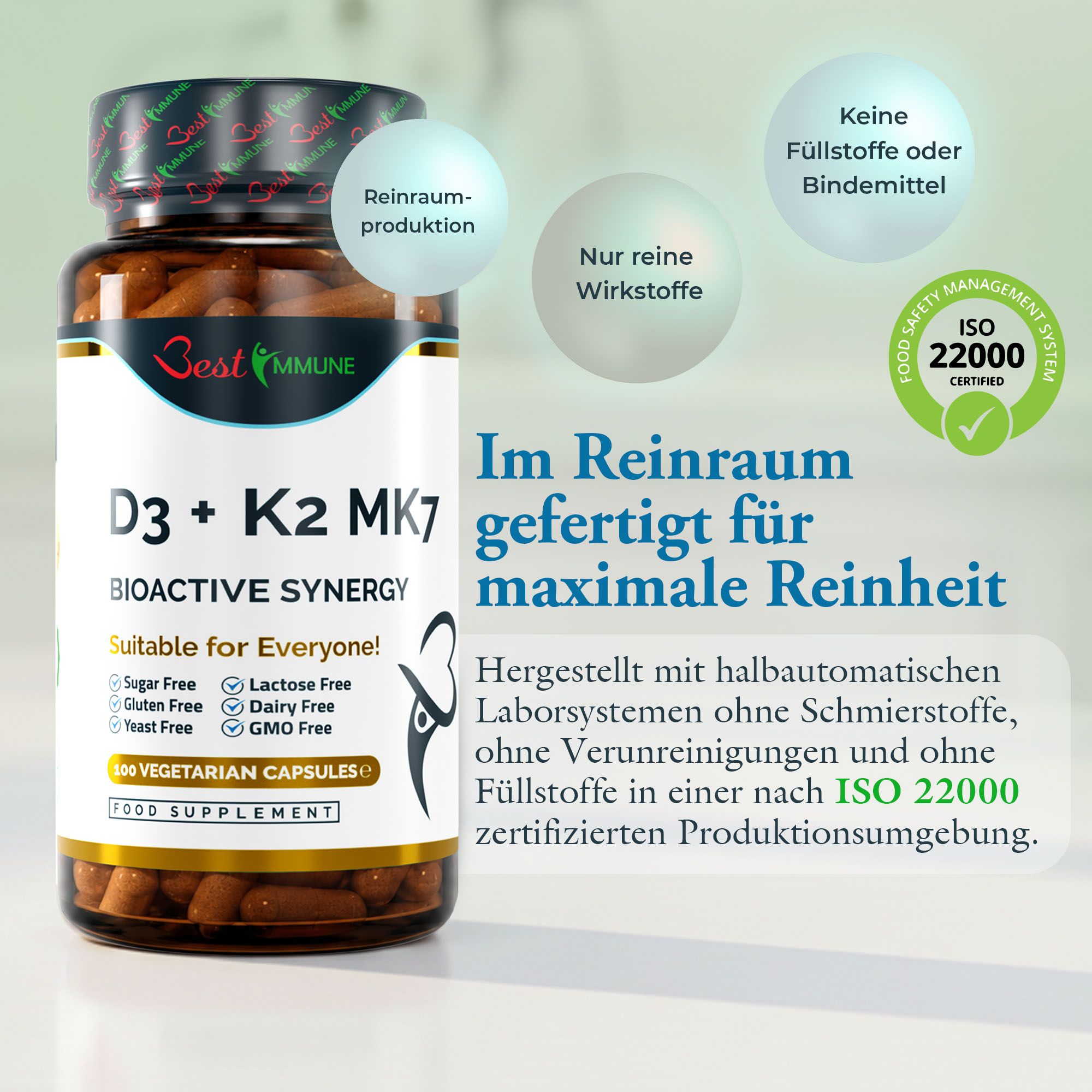 Flacone di capsule Best Immune D3 + K2 MK7, certificazione ISO 22000.