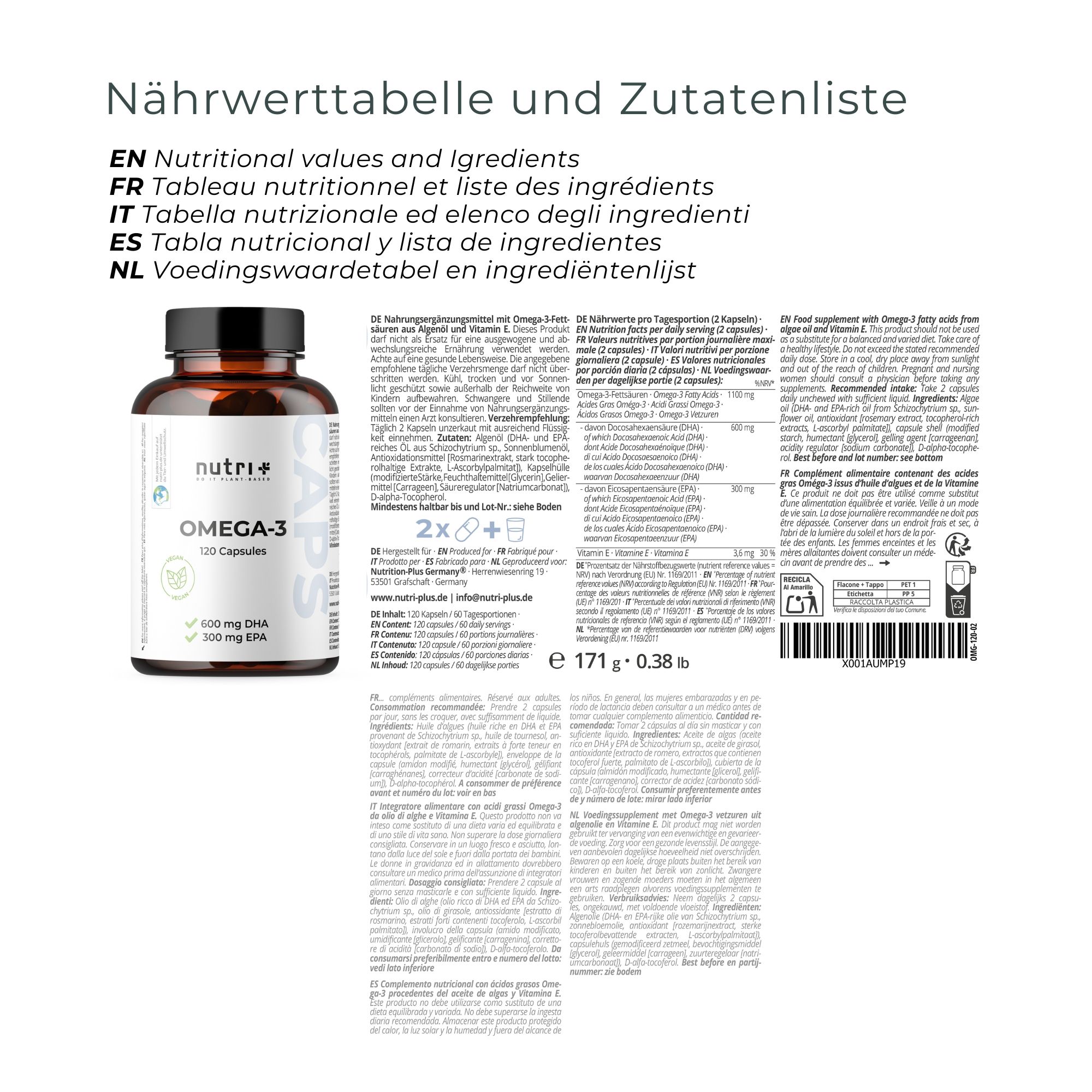 Tabella nutrizionale e elenco degli ingredienti. Una bottiglia nutri+ Omega-3 accanto a un'etichetta con testo in tedesco, inglese, francese, italiano e olandese.