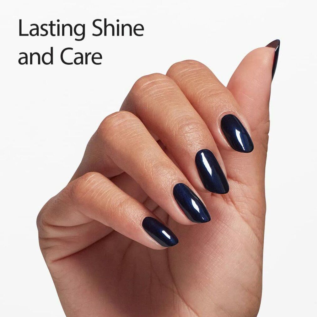 Mano con unghie laccate blu scuro. Testo: Lasting Shine and Care.