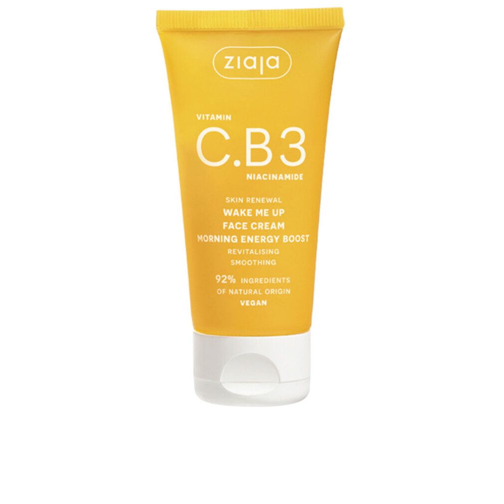 Tubo giallo con tappo bianco. Scritta: Ziaja Vitamina C.B3. Testo: Skin Renewal, Wake Me Up Face Cream, Morning Energy Boost.