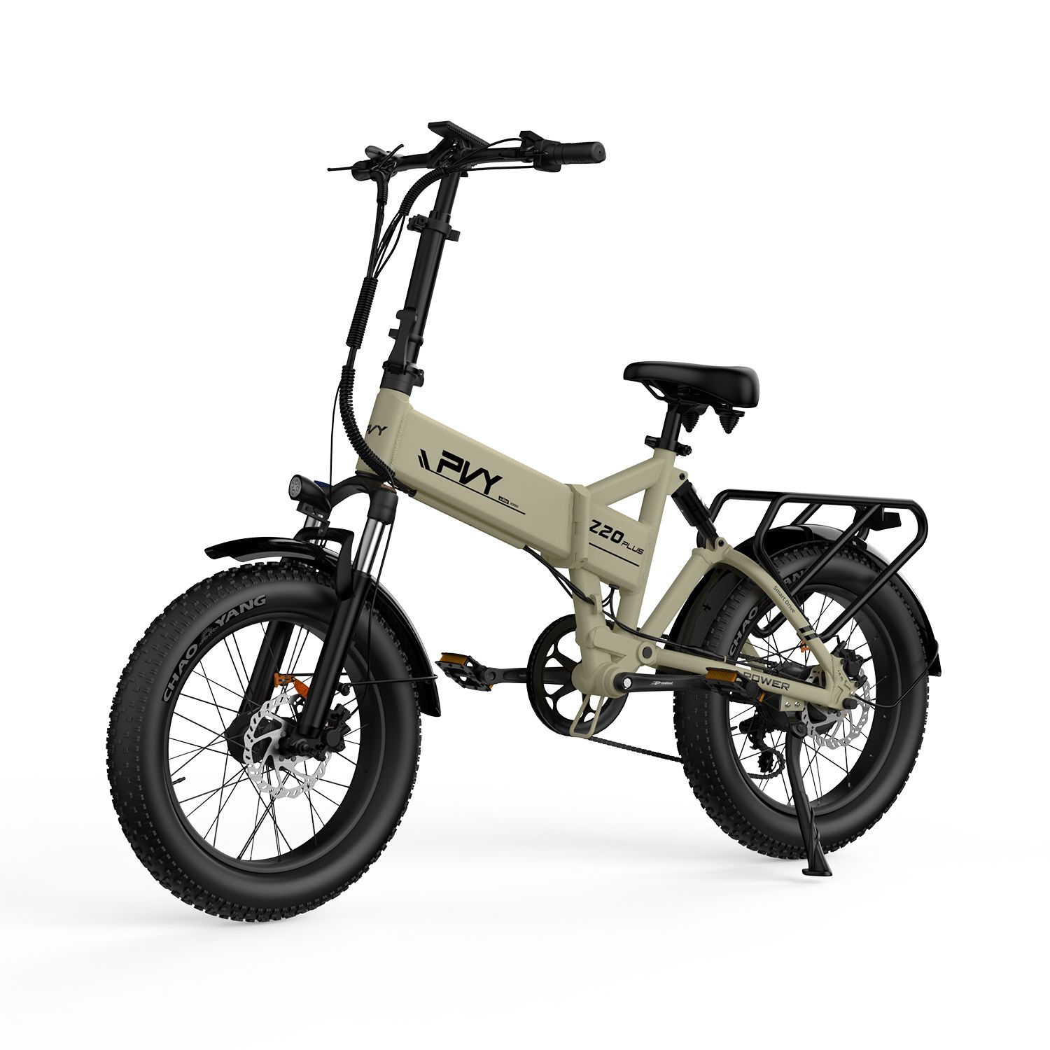 E-bike beige con pneumatici neri e portapacchi. PVY Z20 Plus è visibile sul telaio.