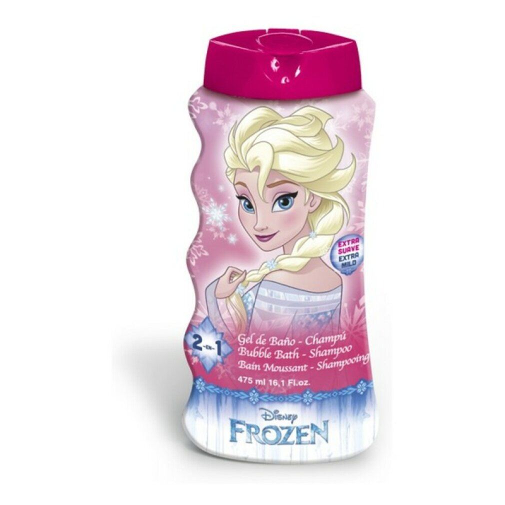 Flacone di gel doccia e shampoo Disney Frozen. Illustrazione di Elsa. Tappo rosa, contorno ondulato. Testo multilingue.