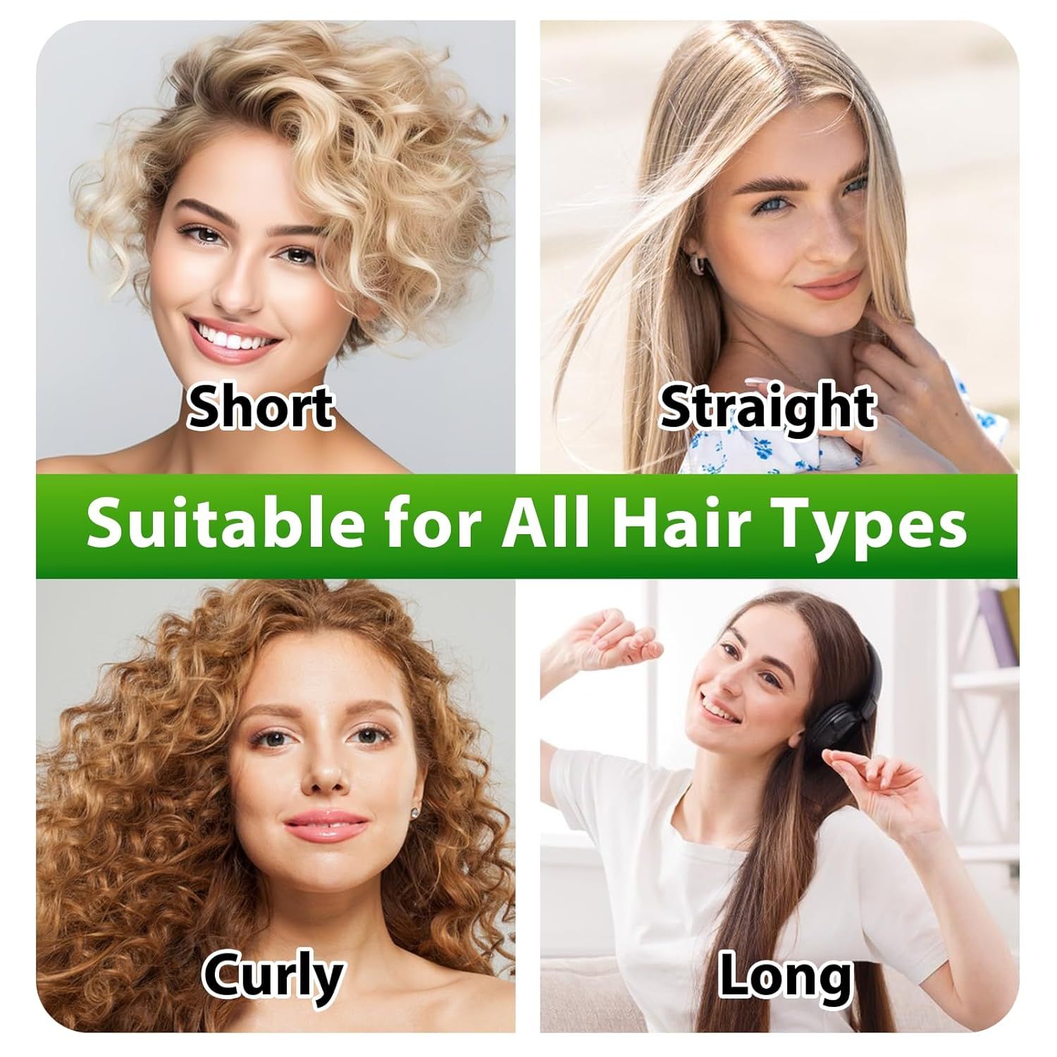 Quattro donne con diversi tipi di capelli: corti, lisci, ricci e lunghi. Testo: Adatto a tutti i tipi di capelli.