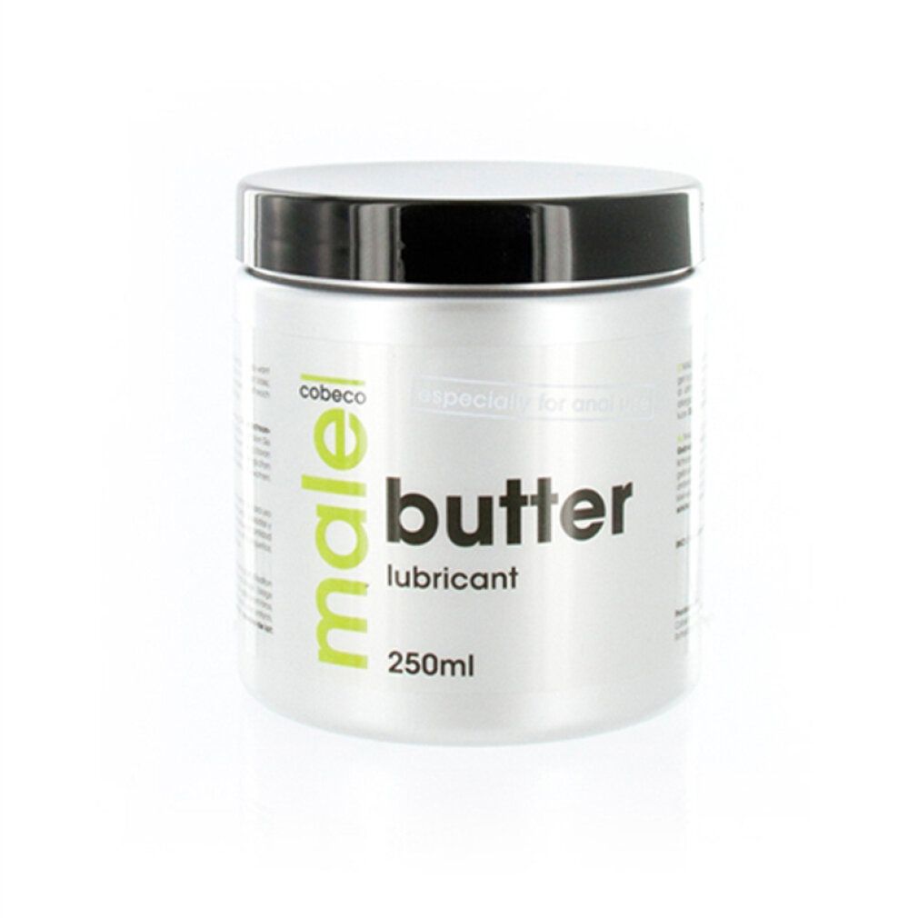 Barattolo cilindrico con coperchio nero. Scritta: "male butter lubricant". Marchio: cobeco. Colore: argento.