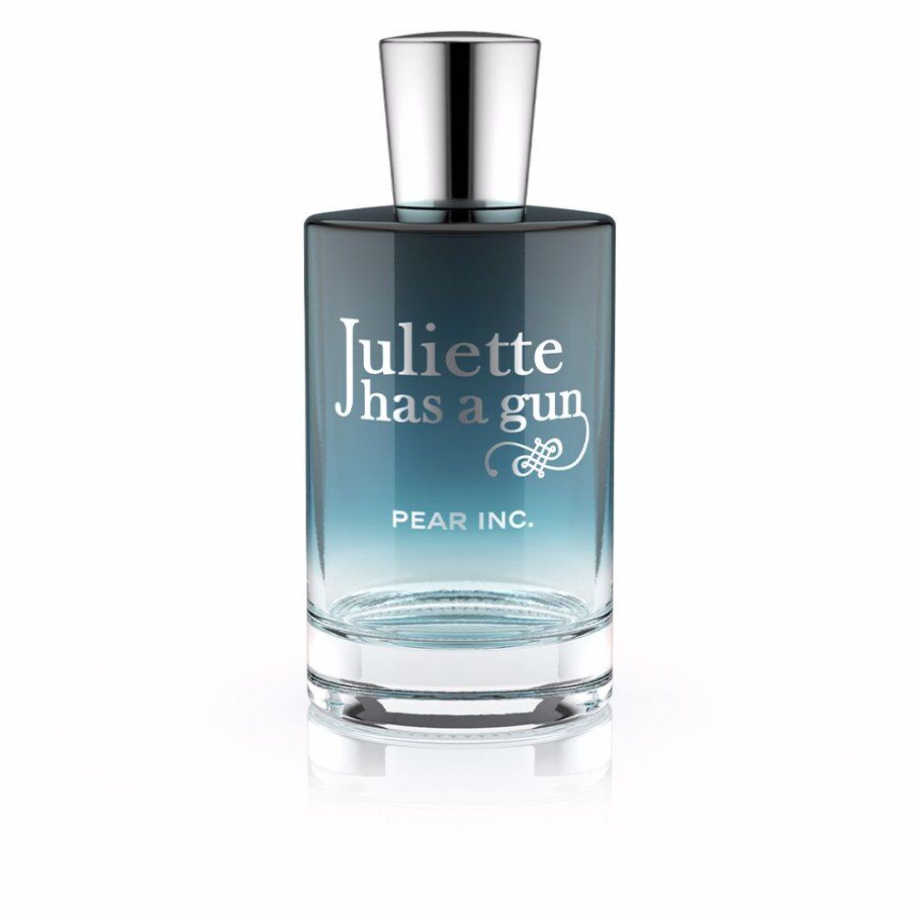 Flacone in vetro con tappo argentato. Scritta: Juliette has a gun, Pear Inc. Sfumatura blu a trasparente.