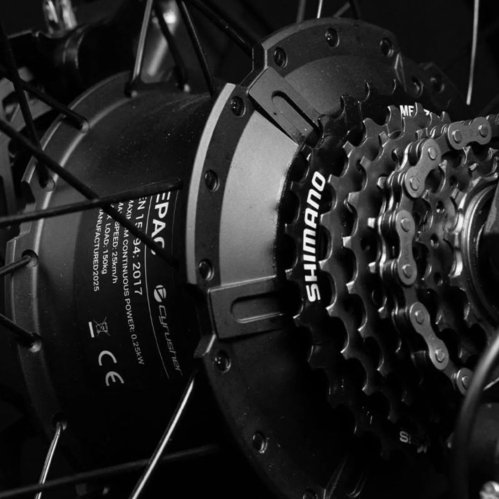 Primo piano della ruota posteriore di una bici. Ingranaggi, catena e logo Shimano visibili.