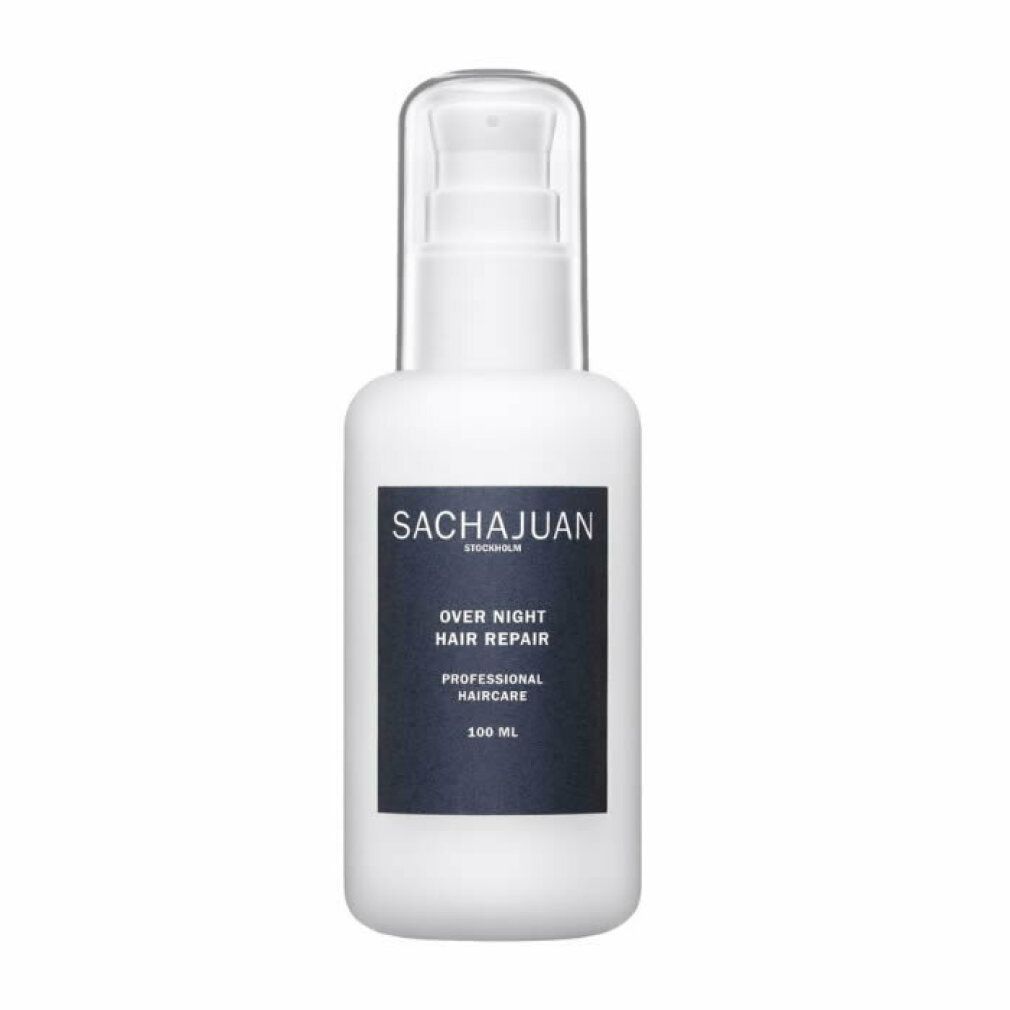 Flacone bianco con etichetta nera. Scritta: SACHAJUAN, OVER NIGHT HAIR REPAIR, PROFESSIONAL HAIRCARE. Con erogatore a pompa.
