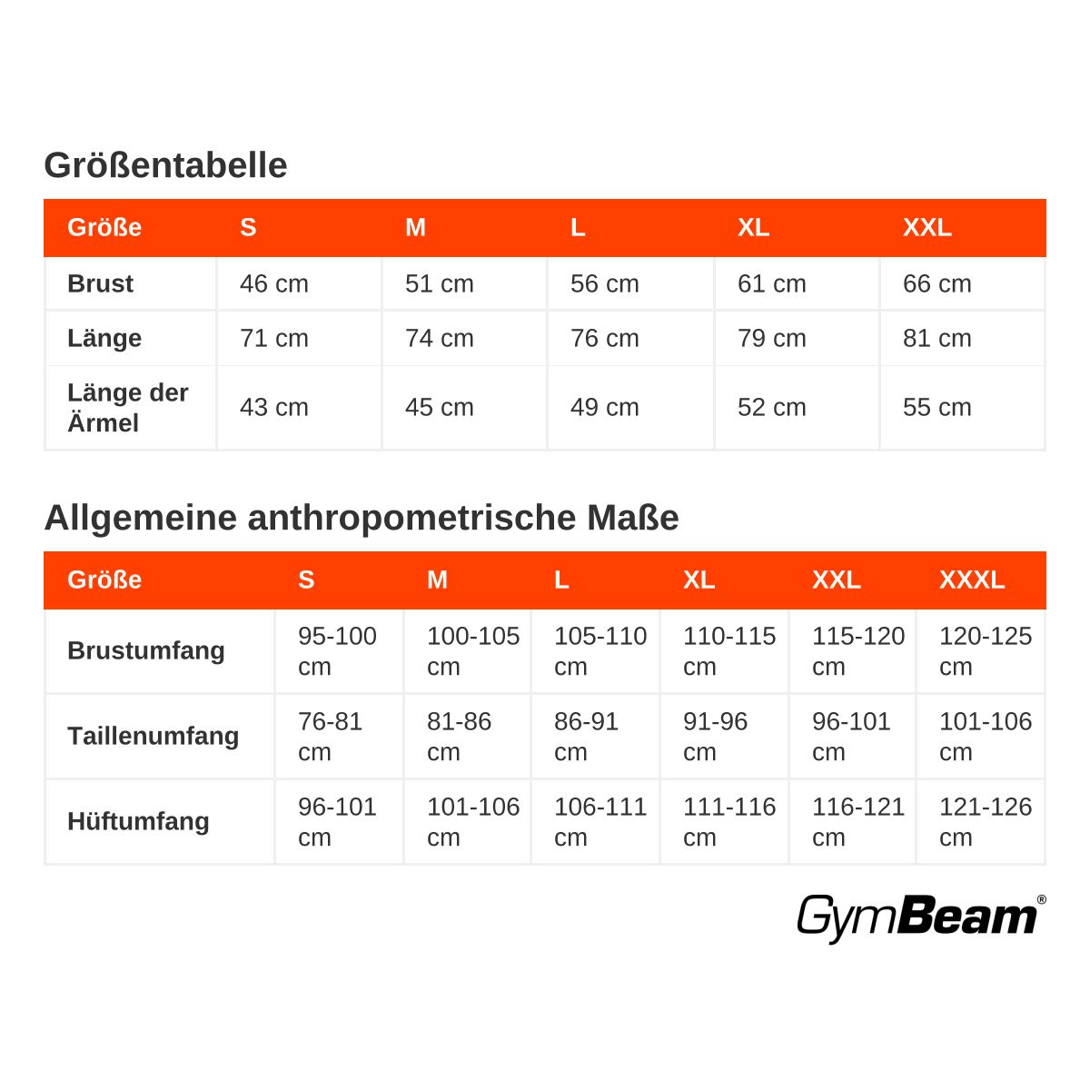 Tabella taglie abbigliamento uomo GymBeam con misure per torace, lunghezza e lunghezza manica.