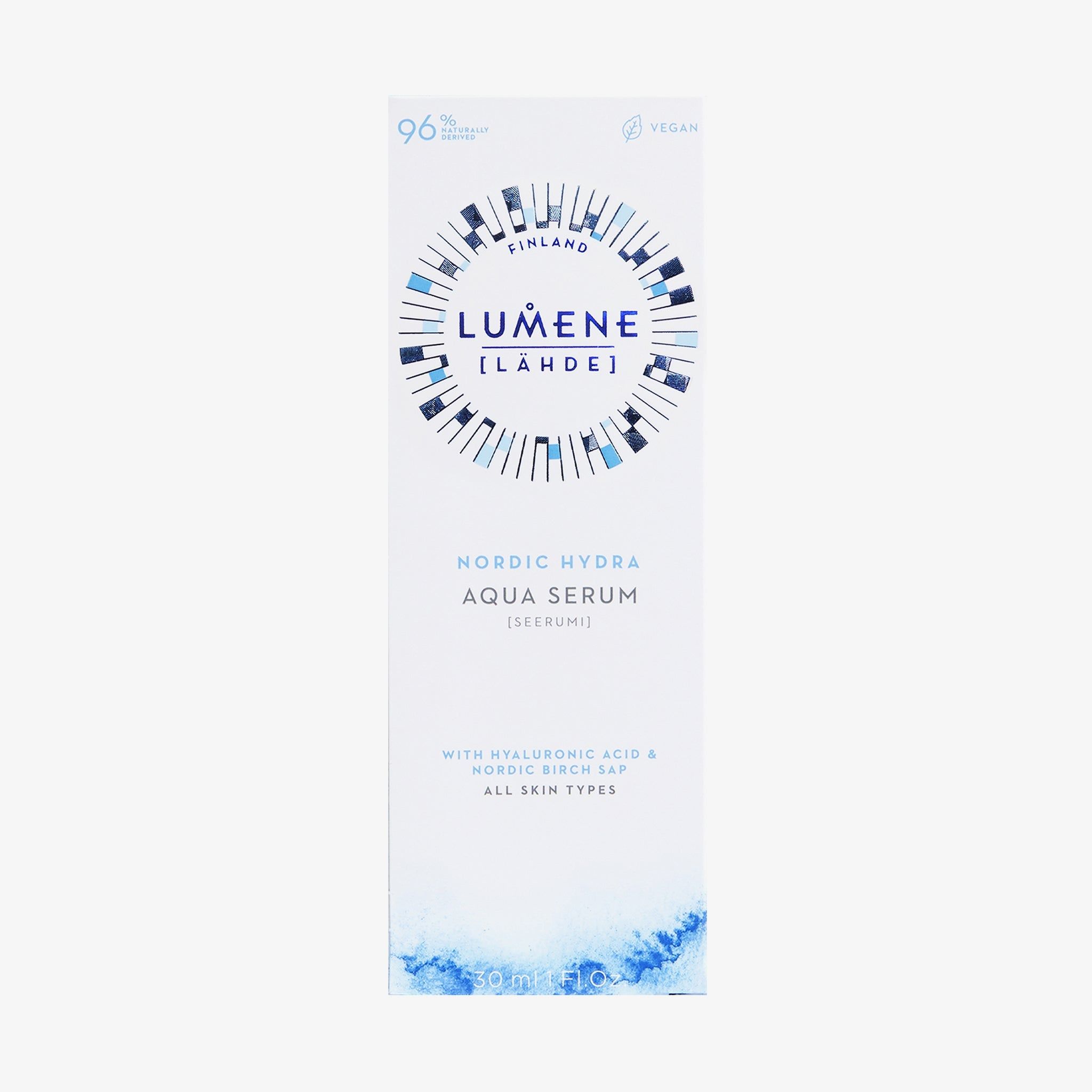 Confezione bianca alta con nome del prodotto e logo. Scritta: Lumene [LAHDE] Nordic Hydra Aqua Serum.
