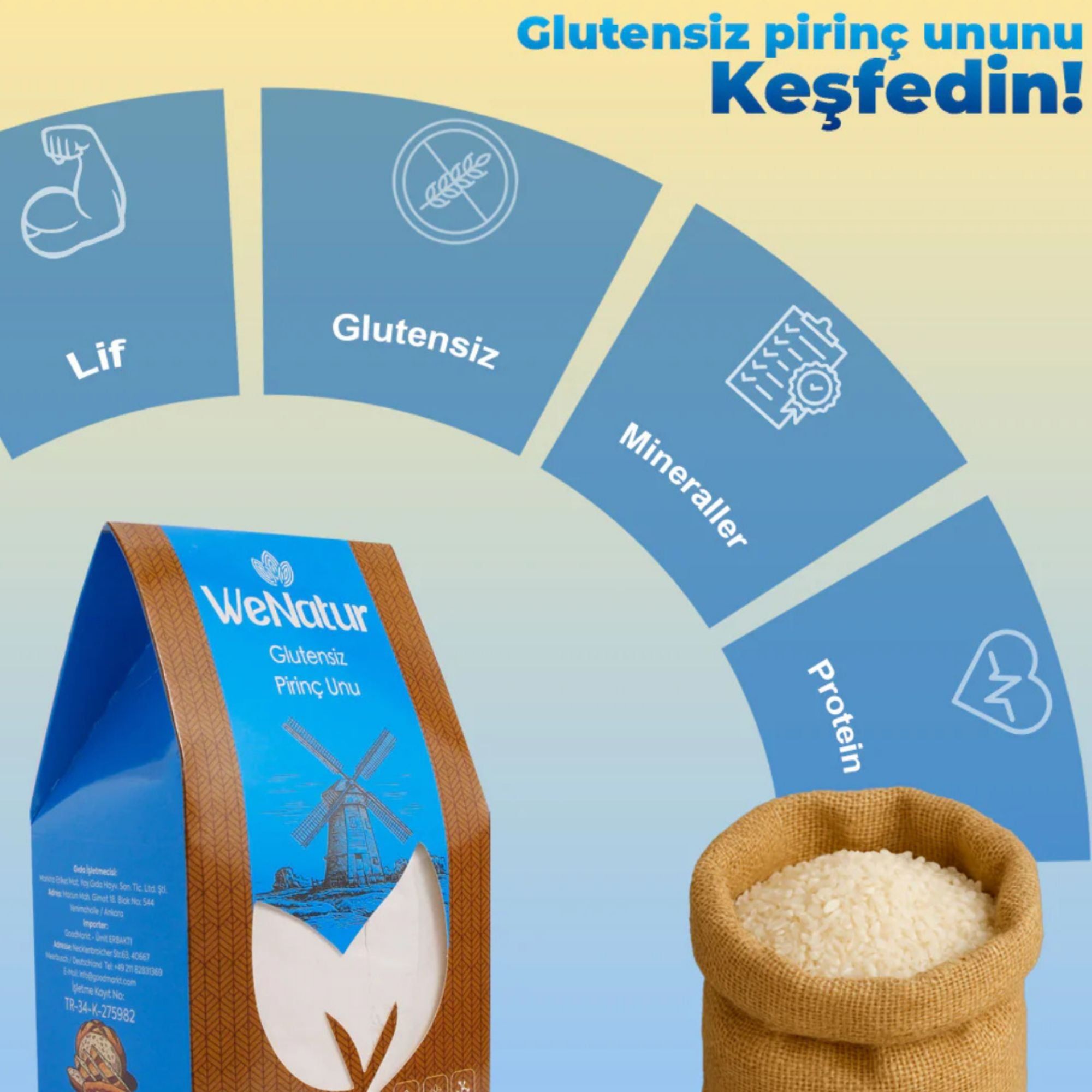 Farina di riso senza glutine WeNatur con icone per fibre, senza glutine, minerali e proteine.