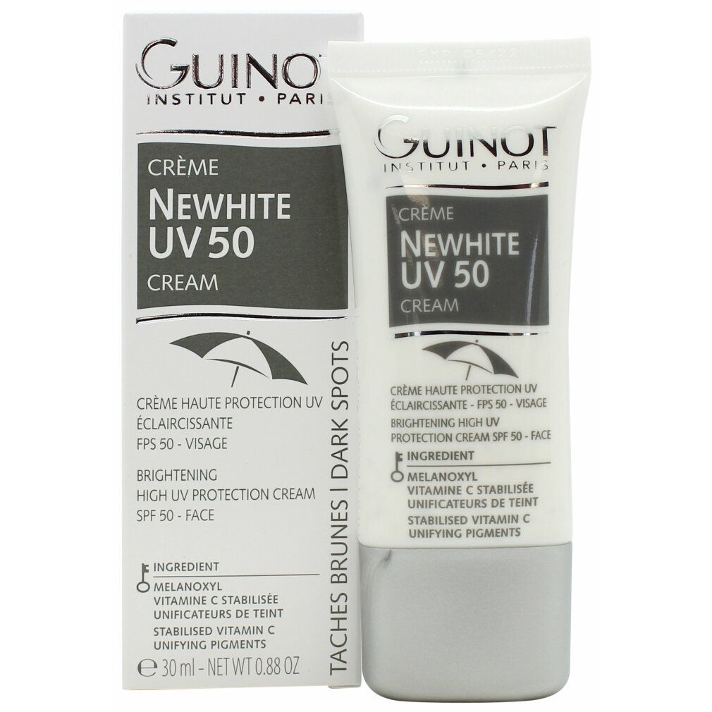Confezione prodotto con tubo crema Newhite UV 50. Marchio Guinot. Contiene protezione solare. Tubo bianco con dettagli grigi.