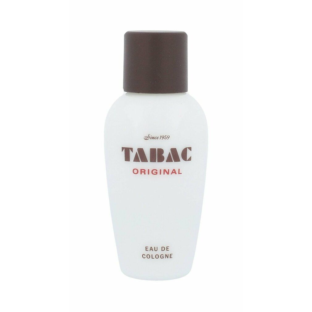 Flacone bianco con tappo marrone. Scritta: TABAC ORIGINAL, Eau de Cologne. Dal 1959.