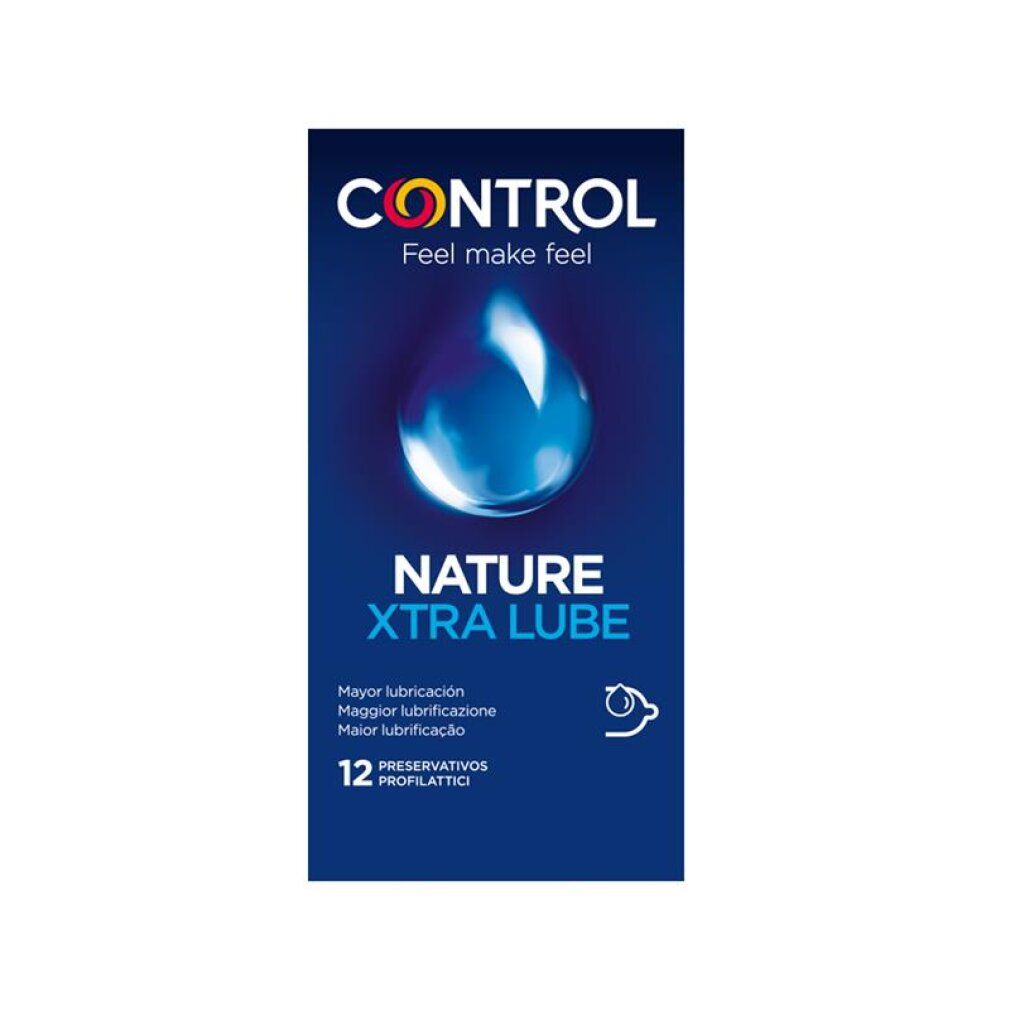 Confezione da 12 preservativi Control Nature Xtra Lube. Scatola blu con simbolo a goccia d'acqua.