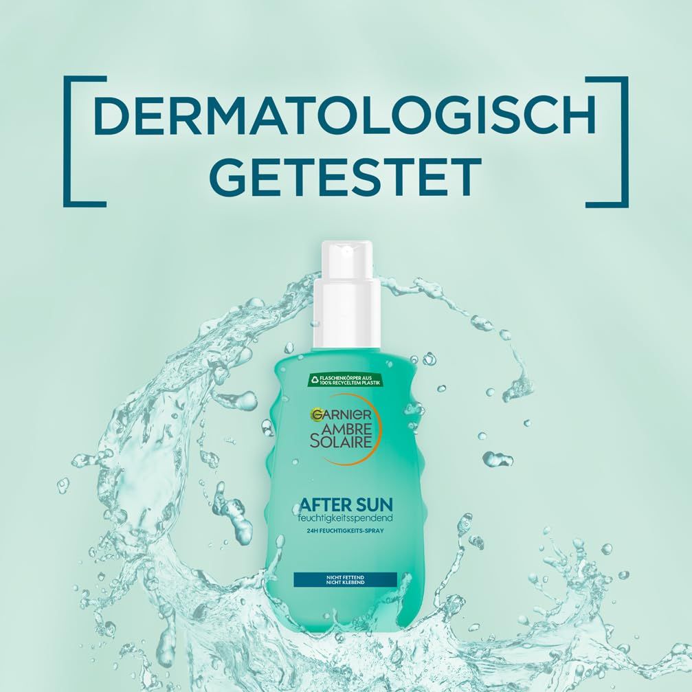 Spray doposole Garnier Ambre Solaire verde. Testo: Dermatologicamente testato. Prodotto ed effetto acqua.