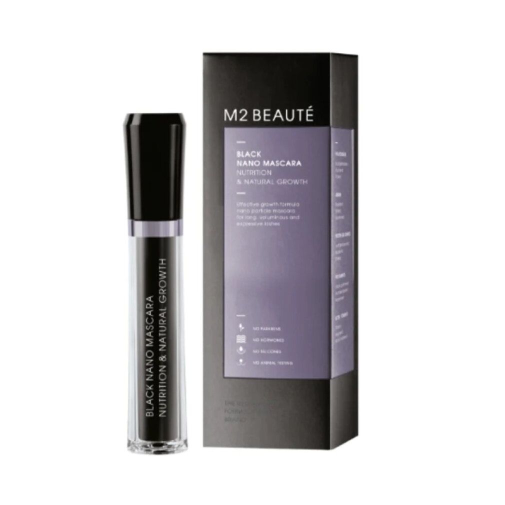 Mascara Nano Nero M2 Beauté. Tubo nero con tappo nero e confezione nera. Scritta: Black Nano Mascara Nutrition & Natural Growth.