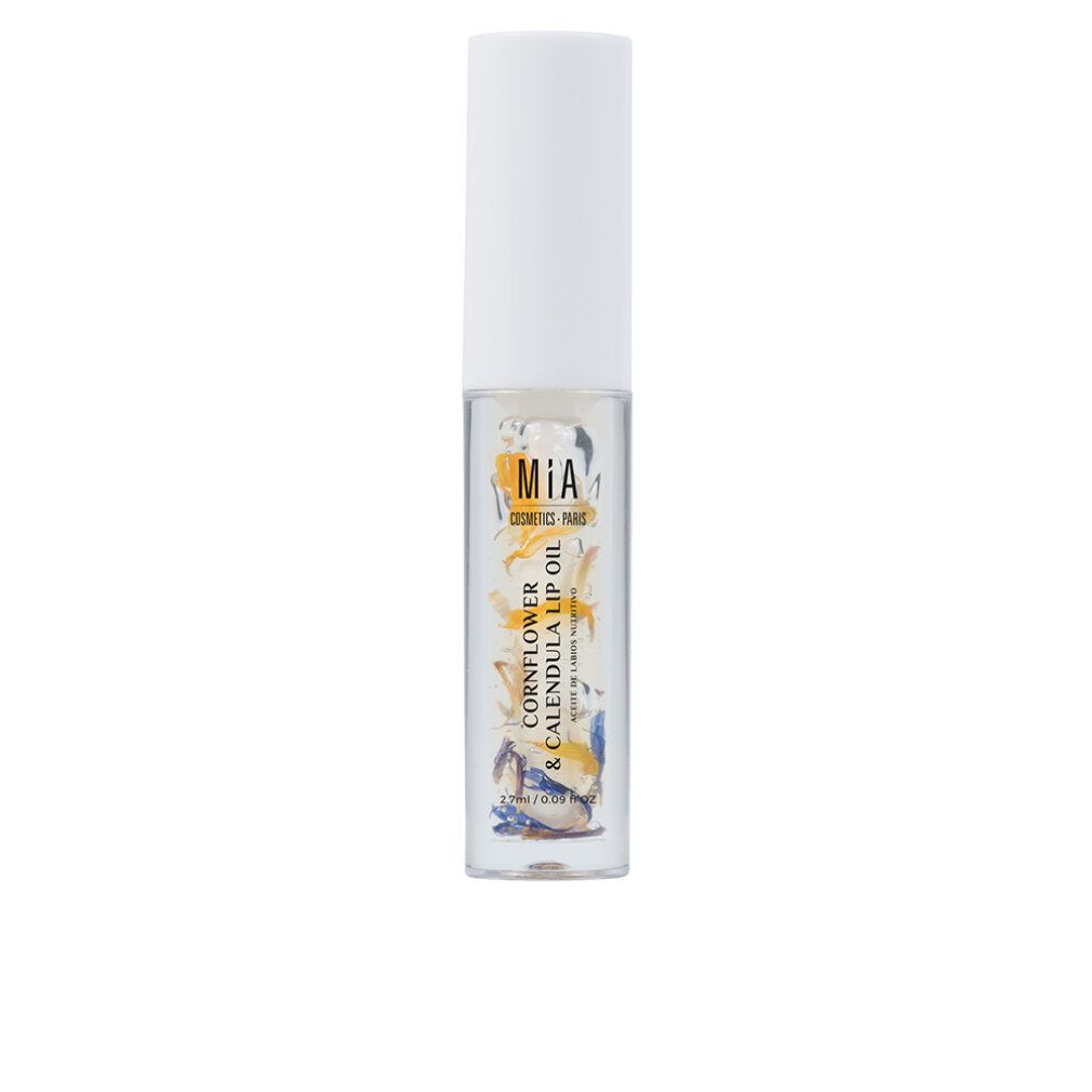 Olio labbra con fiori, tappo bianco. Scritta: Cornflower & Calendula Lip Oil, mia Cosmetics.