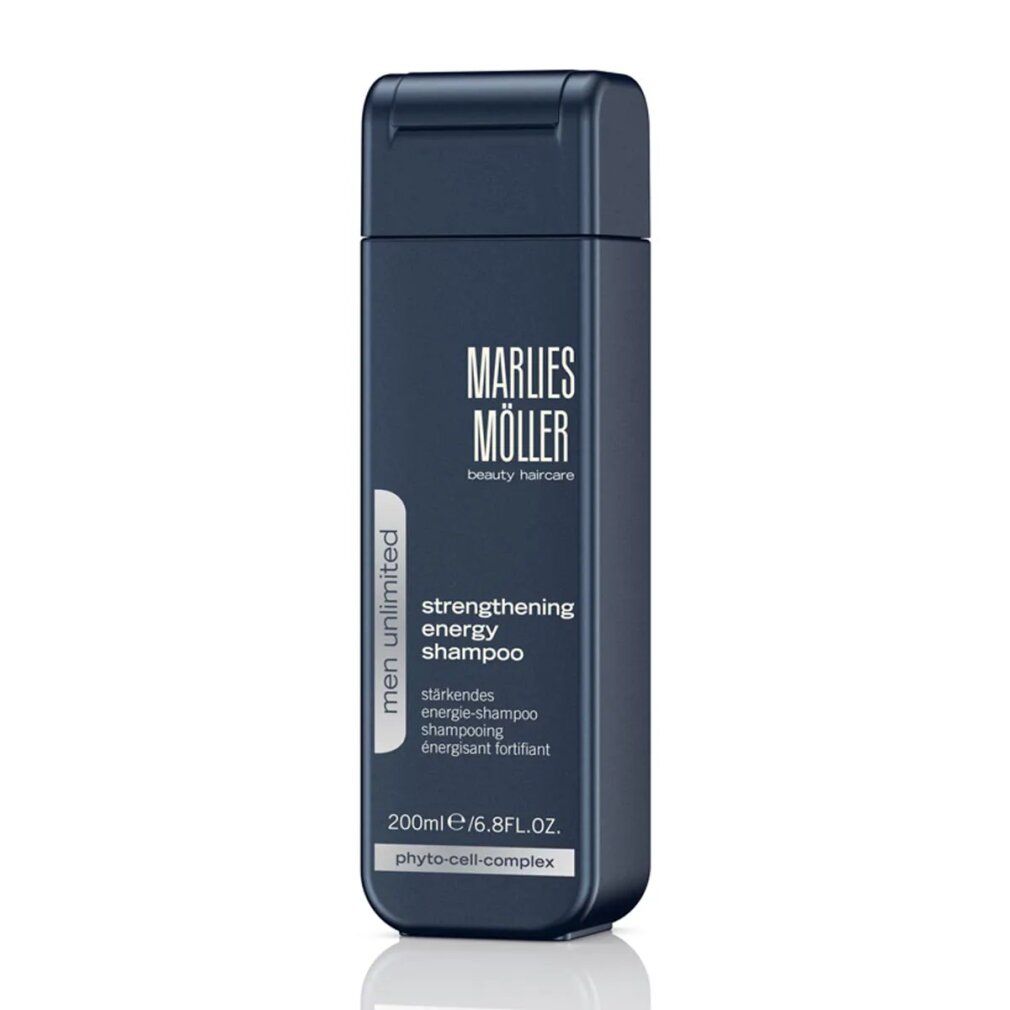 Flacone di shampoo blu scuro con tappo a ribalta. Scritta: Marlies Möller, Men Unlimited, Strengthening Energy Shampoo. 200ml/6.8FL.OZ.