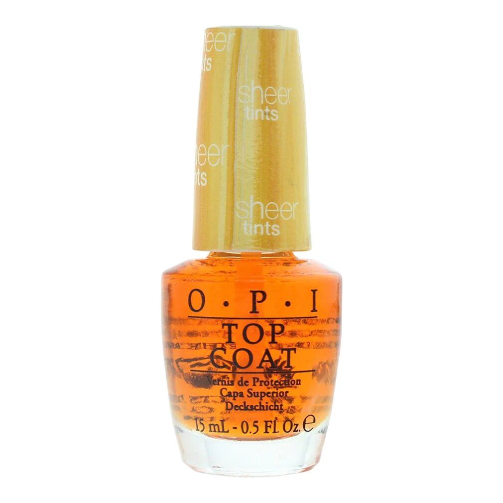 Flacone di smalto con tappo giallo. Scritta: OPI Sheer Tints Top Coat. Contenuto: 15 ml.