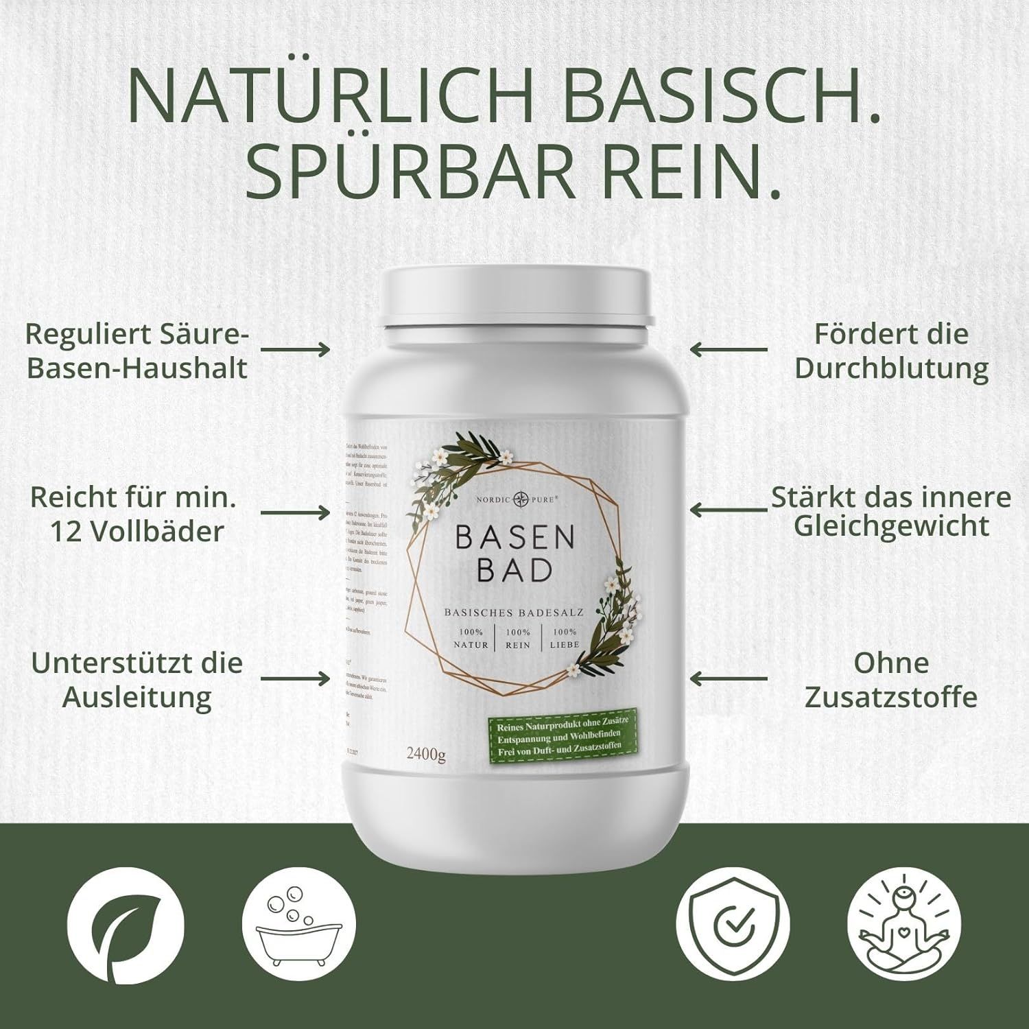 Contenitore "BASEN BAD". Testo: Naturalmente basico. Visibilmente puro. Regola l'equilibrio acido-base. Favorisce la circolazione.