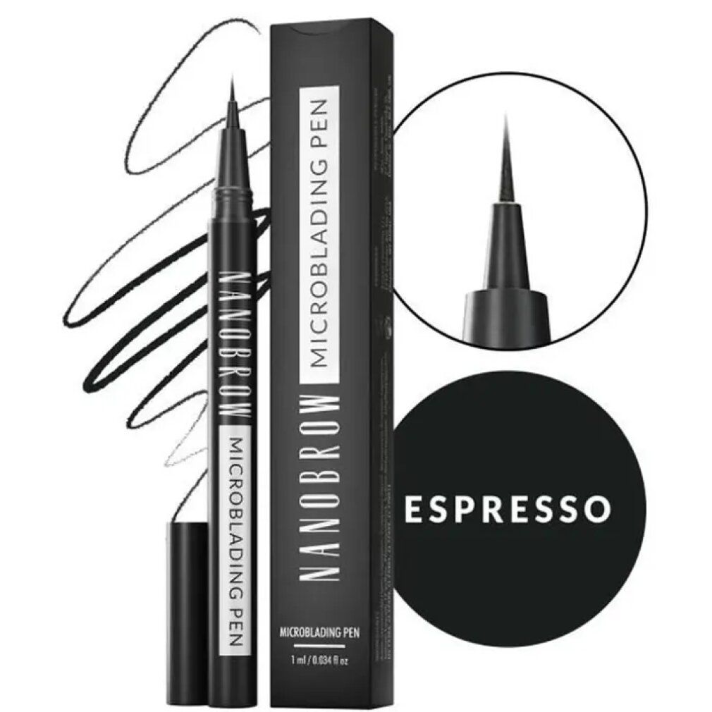 Penna nera "Nanobrow Microblading Pen". Confezione nera con nome del prodotto e "Espresso" in un cerchio.