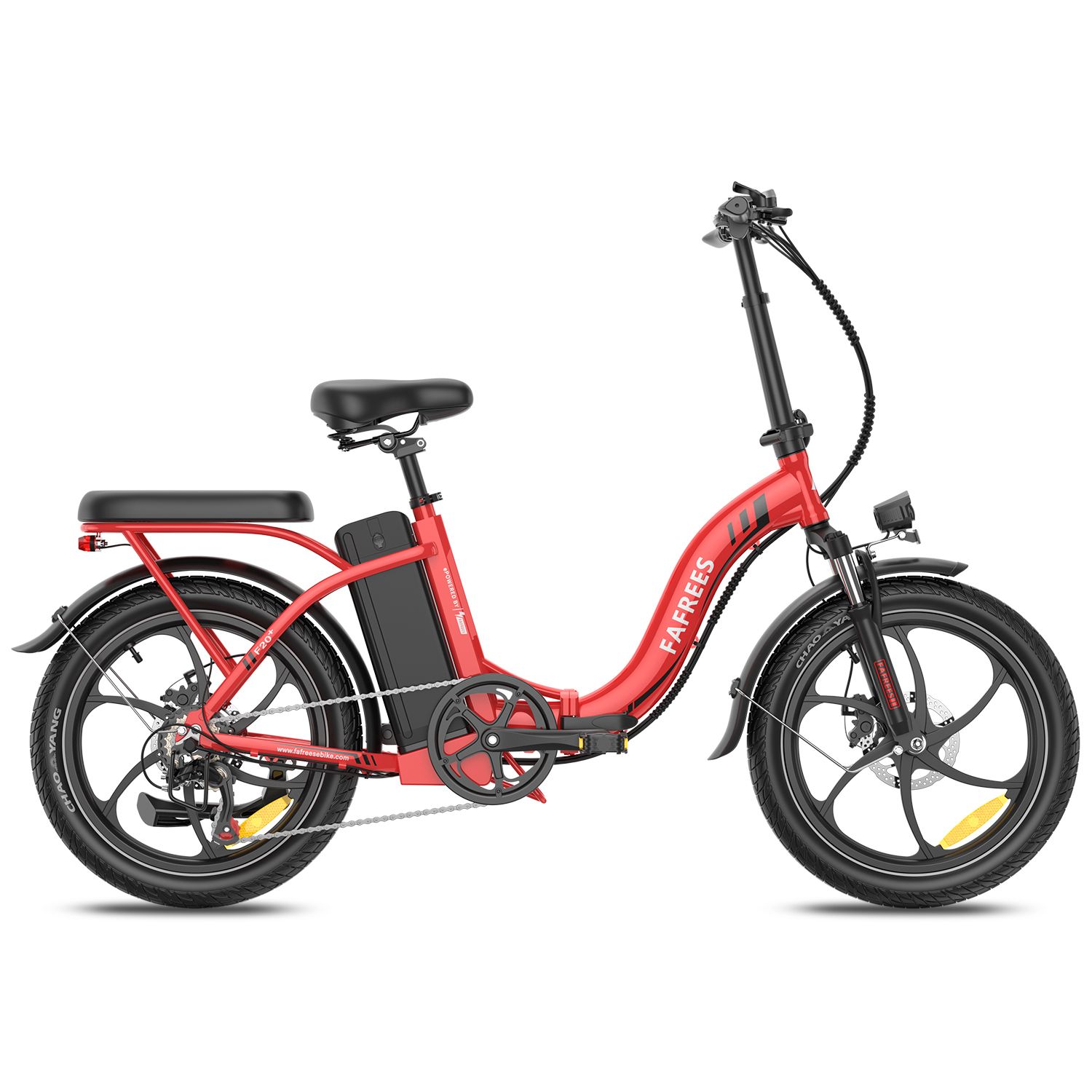 E-bike pieghevole Fafrees F20+ rosso. Pneumatici, sella e batteria neri. Marchio visibile.
