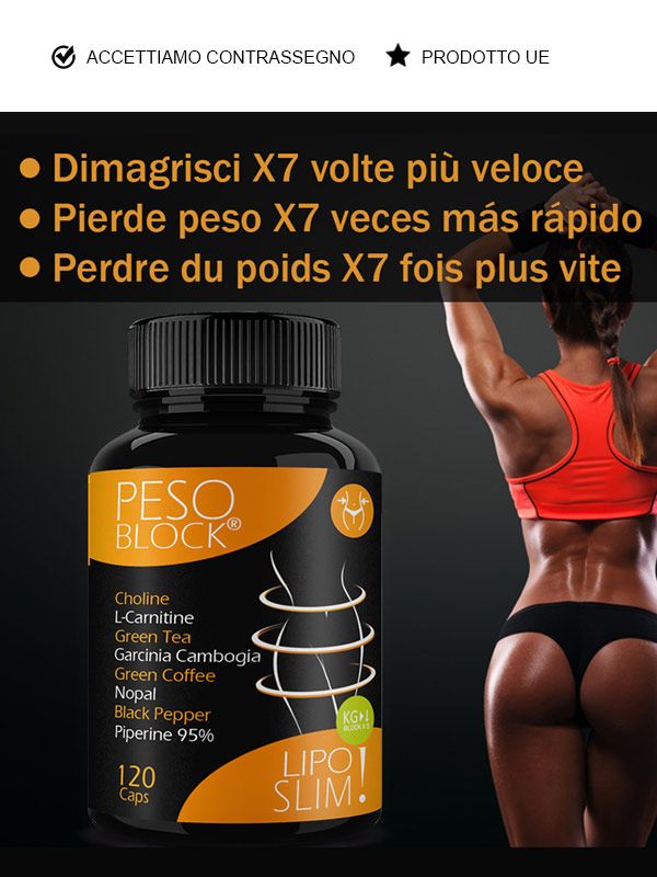 Flacone nero con etichetta arancione, accanto a una donna atletica e testo in italiano.