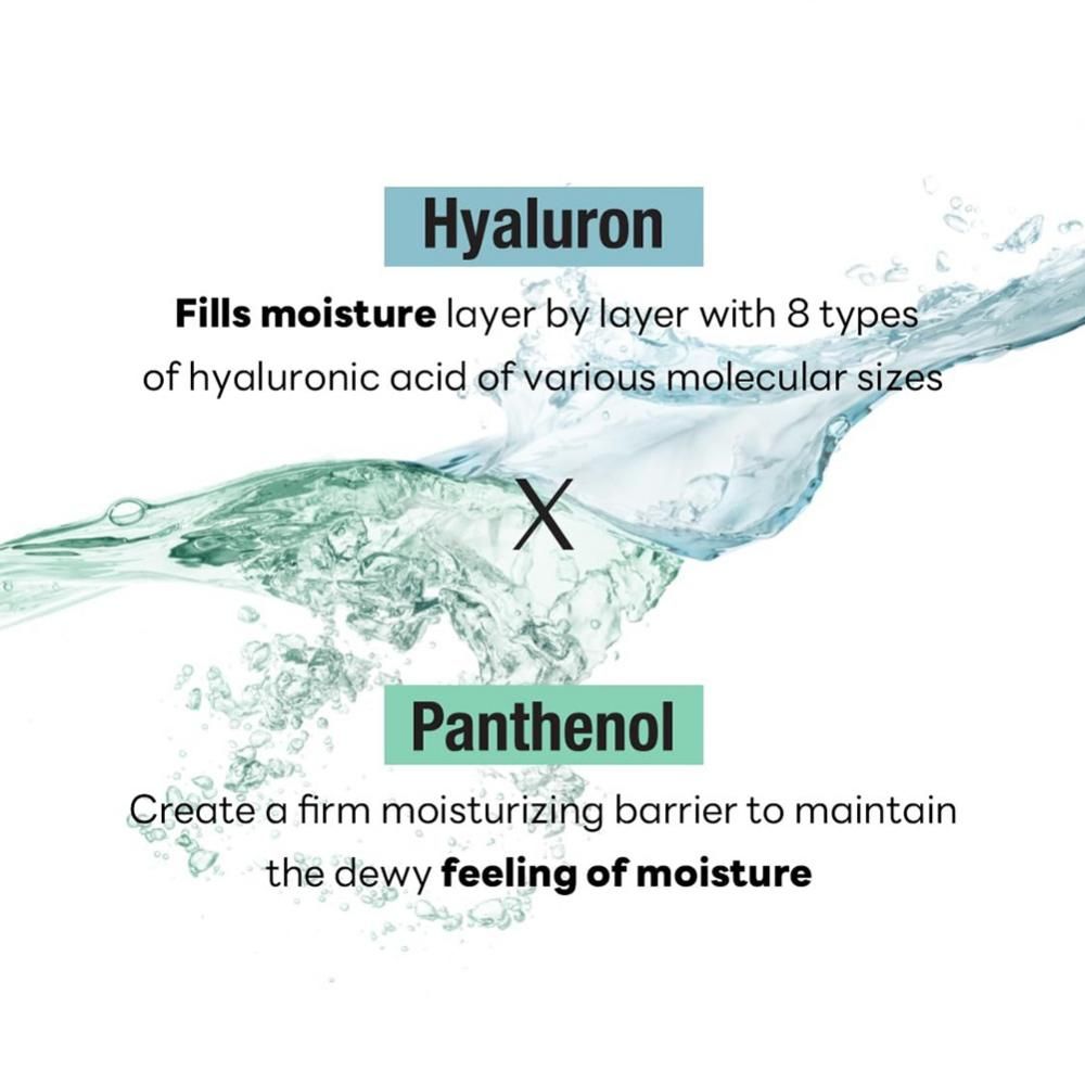 Testo con parole Hyaluron e Panthenol, con grafica acqua. Descrive l'effetto idratante.