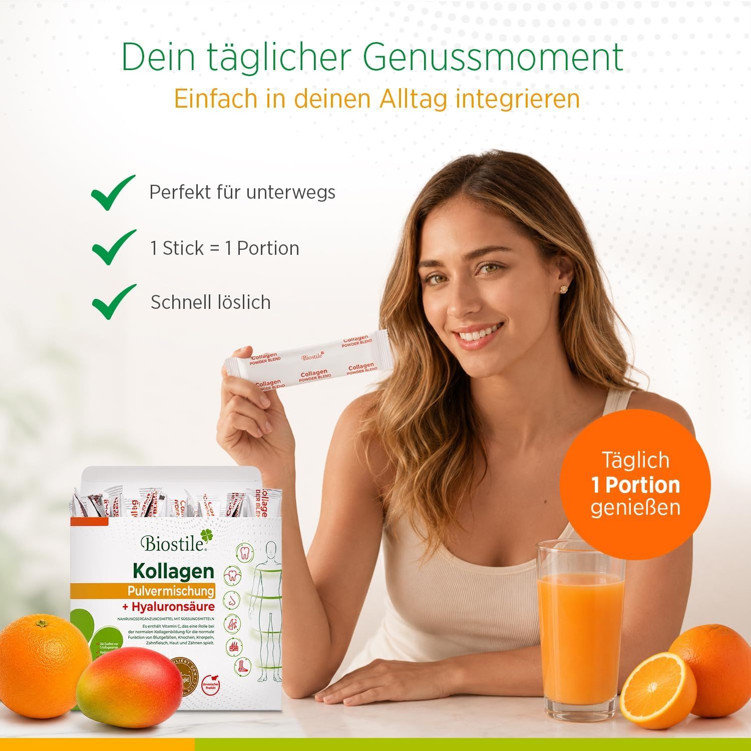 Donna tiene bustina Biostile Collagen. Scatola da 30x10g bustine, arance, mango, bicchiere di bevanda.
