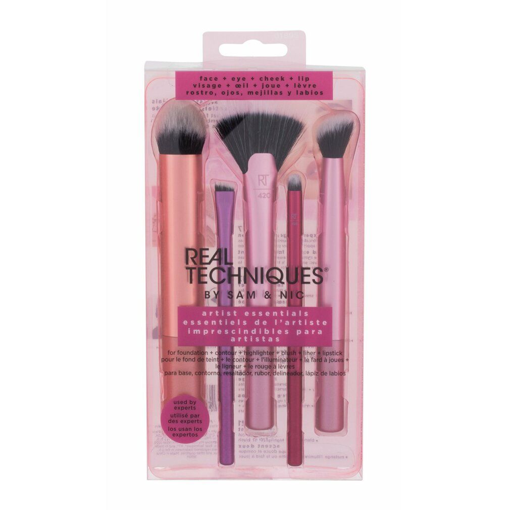 Set di cinque pennelli trucco in confezione trasparente. Manici rosa, setole nere e bianche.