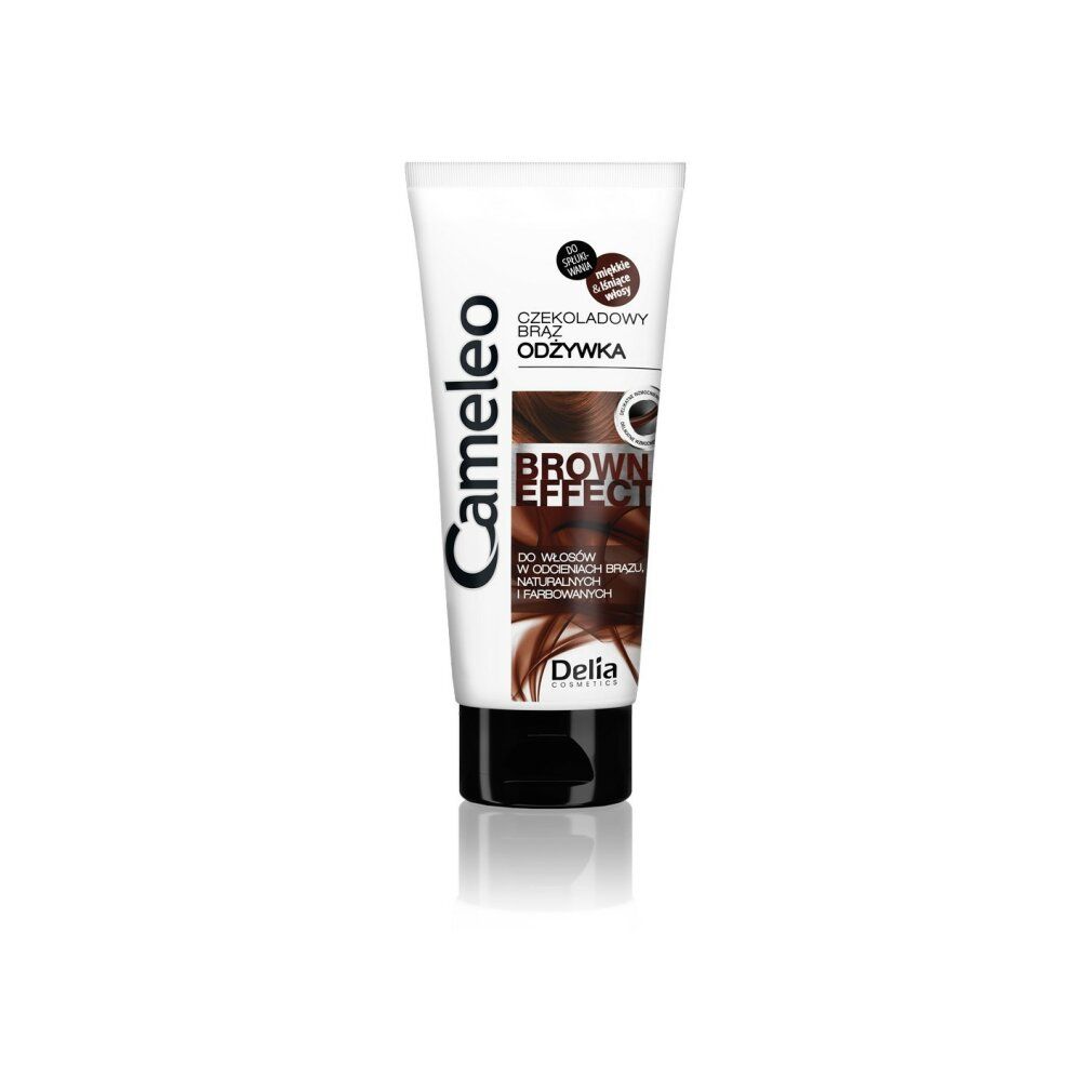 Tubo bianco e nero Cameleo Brown Effect. Testo in polacco. Logo Delia Cosmetics.